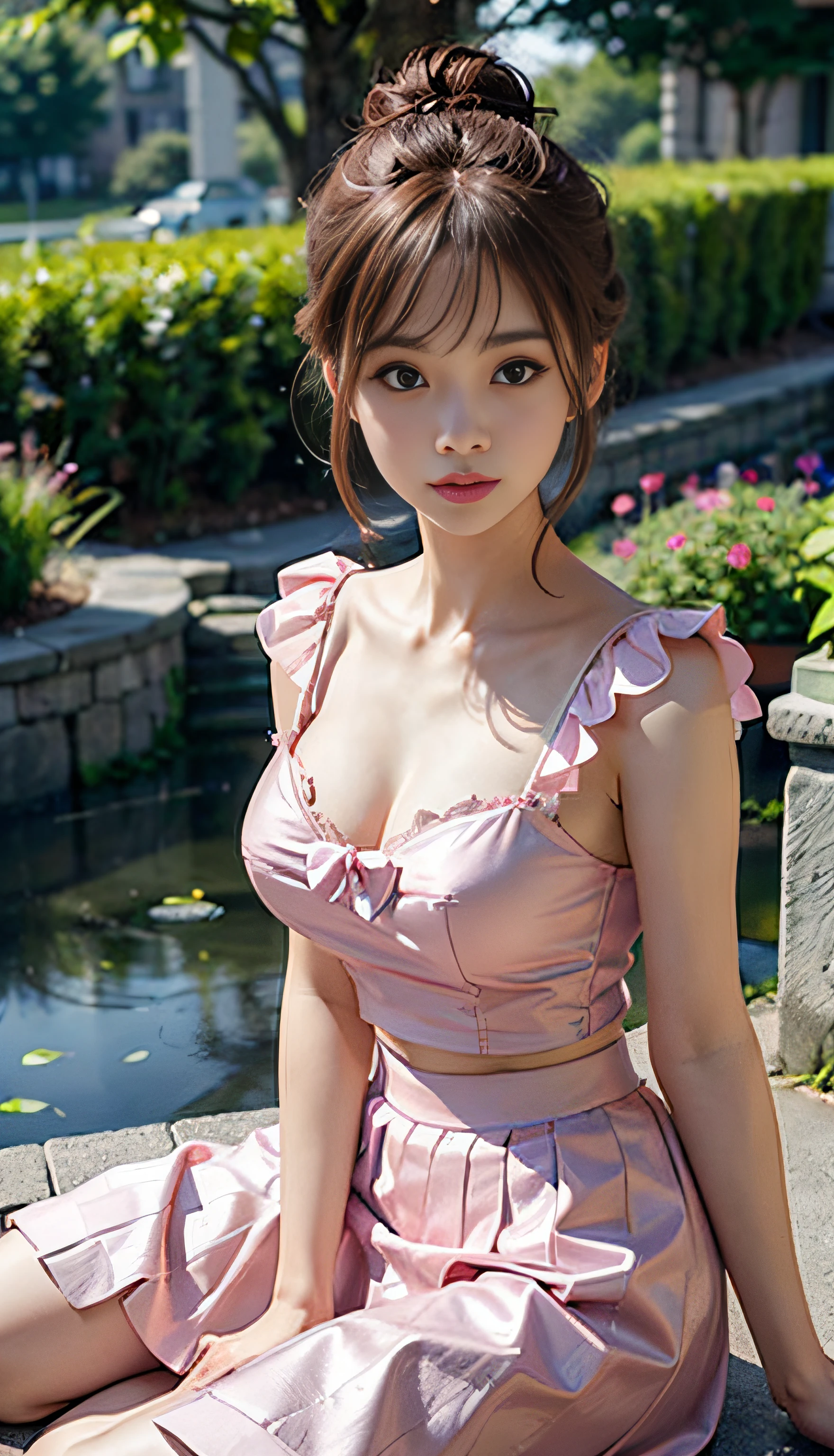 (Raw photography、top-quality)、(realisitic、Photorealsitic:1.3)、top-quality、masterpiece、extremely delicate and beautiful、A highly detailed、nffsw、A sense of unity、2k wallpaper、magnifica、Beautiful in every detail、masterpiece、浅笑、top-quality、Highly detailed ticker Unity 8K wallpapers、huge filesize、ultra-detailliert、hight resolution、ighly detailed、Female 1 Person、Slim body、D-cups、(salmon pink )、(Pink skirt:1.2)、(Bun hair)、(brown haired)、Look at the front、Sharp Focus、Face Close-up、pureerosface_v1:0.8 Short Hair、Instagram、Viewer's Perspective、selfee