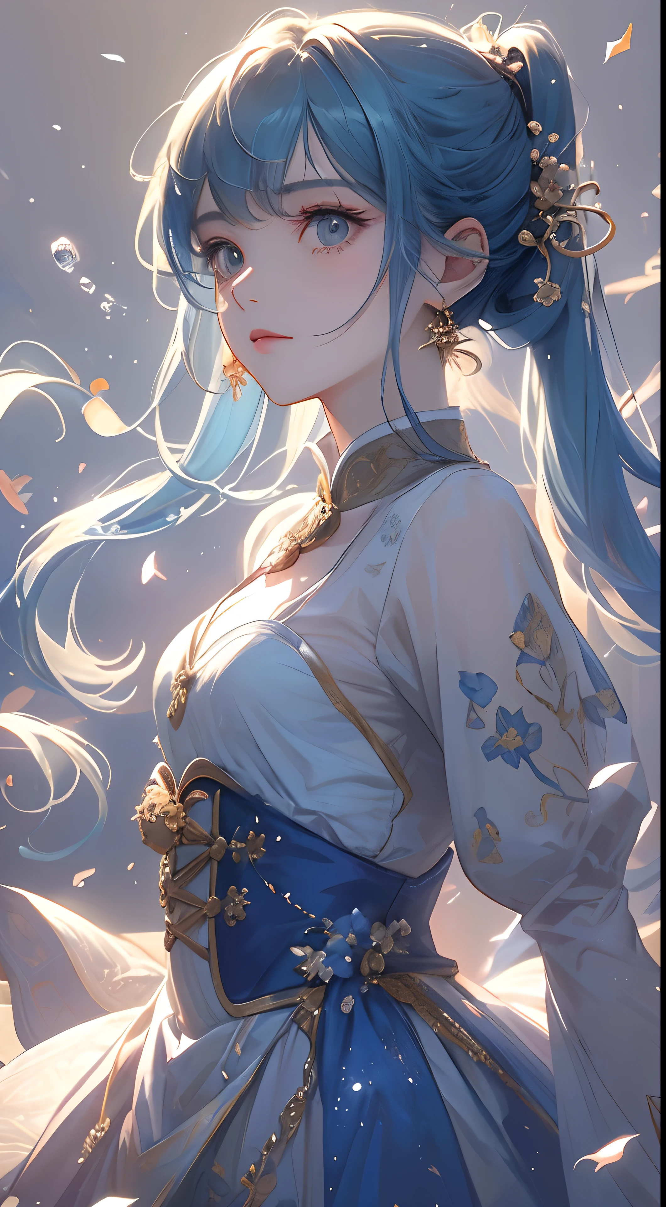 (Masterpiece), (Best Quality), (The ultra-detailliert),(ldisheveled hair),(Illustration), (1Girl), (Fashionable clothing), Standing, Fashion model, looking up at viewer, (interview), (Simple background),Beautiful detailed eyes, Delicate beautiful face, Floating,(high saturation),(Colorful splash),Colorful bubbles,(glittering), body shot, pony-tail, Ayaka Kamisato, Light blue hair, bangss, hair rings, Floating flowers, floating hair, (glittering), Best lighting, best shadows, frontage