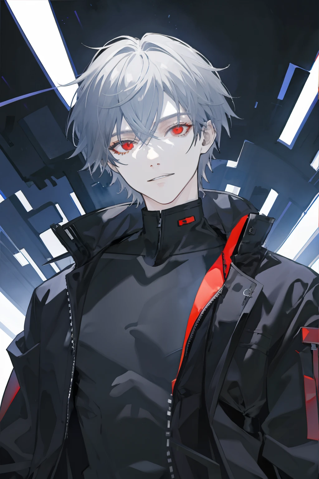 masterpiece, best quality, 1 male, young, red eye, tall guy, hacker looking, black short hair, black jacket with silverwolf picture