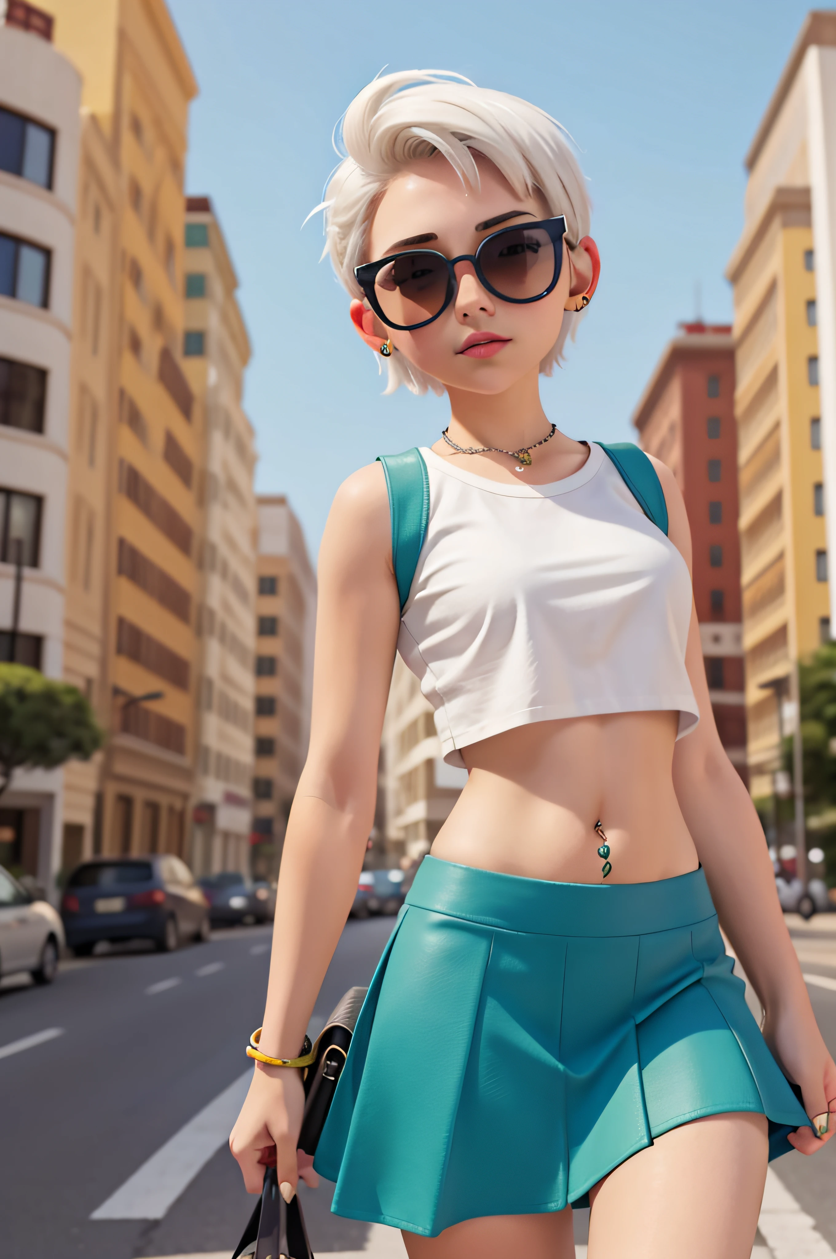 1 girl, 20 years old, short white hair, short green shirt, blue mini skirt, city, arm tattoo, navel piercing, sunglasses