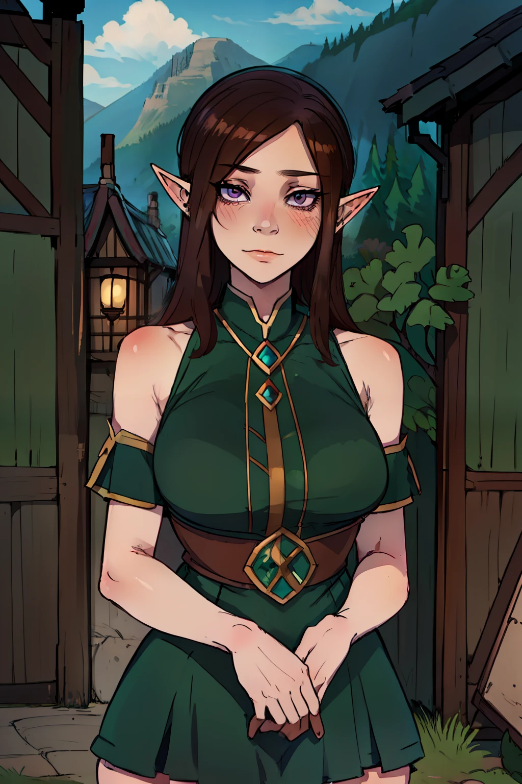 "Beautiful young elf girl, wearing an unrevealing and conservative green dress, standing innocently outside of an elfish village house decorated with elfish ornamentation and patterns, long brown hair with fringe, purple eyes, elf ears, submissive, obedient, innocent, best quality, masterpiece, ultra-detailed, award winning art, portrait"