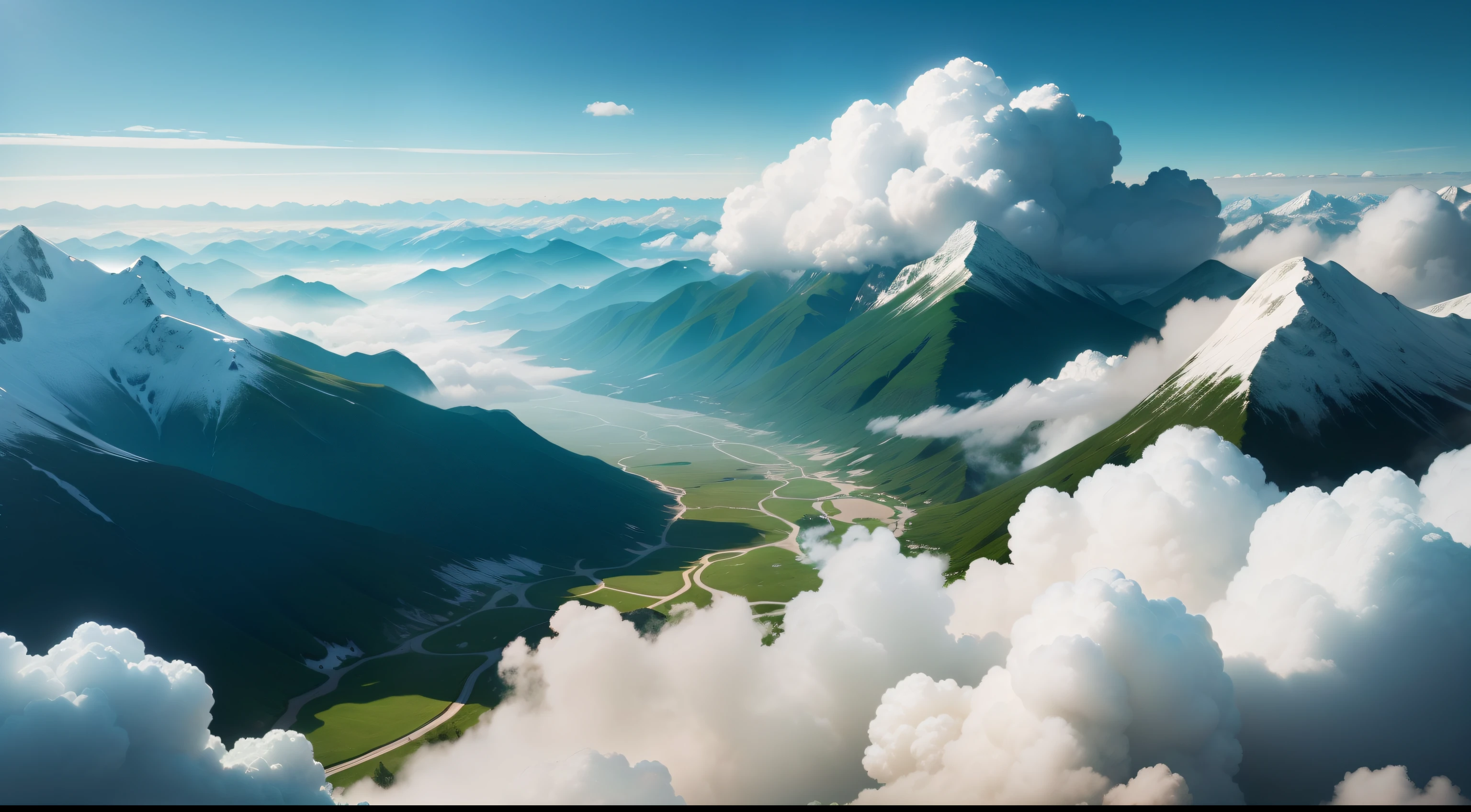 A large cloud fell in the middle of the valley,The weather was very sunny,On both sides are green mountains,Just a large cloud cluster in the middle of the picture, like a huge bubble