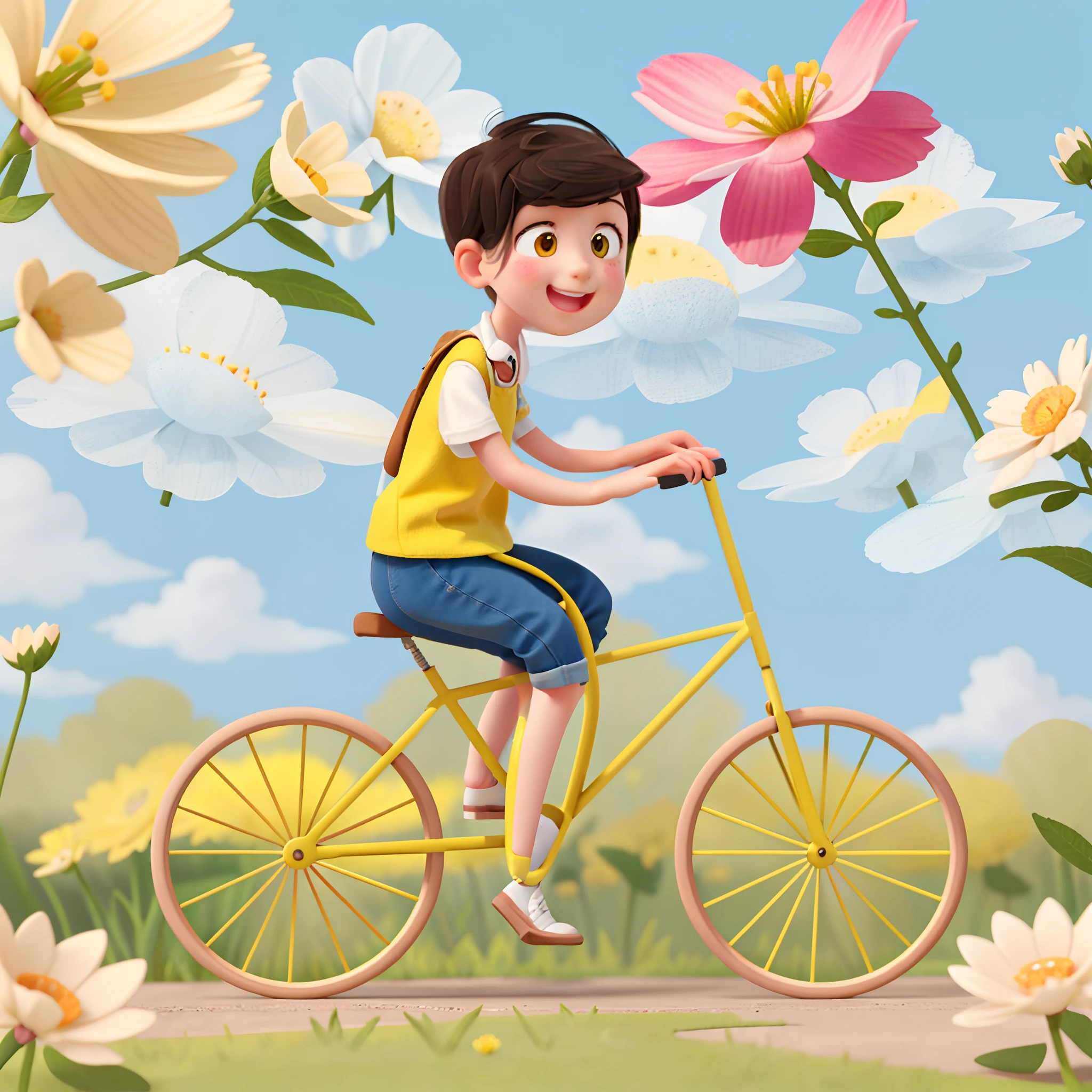 A very charming little girl with a backpack and her cute border collie puppy enjoying a lovely spring outing surrounded by beautiful yellow flowers and nature. The illustration is a high-definition illustration in 4K resolution with highly detailed facial features and cartoon-style visuals.