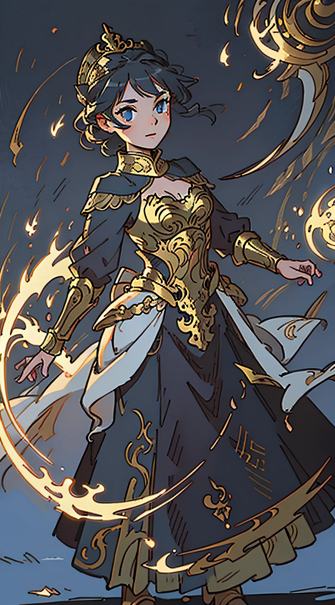 A beautiful woman, usando roupas medievais com adornos em ouro. Aspecto dourado pelo corpo, com magia dourada e amarelada emergindo por todo lugar. Valkyria. Roupas de batalha, com armas e escudos medievais. Roupas de batalha, armaduras, armas medievais