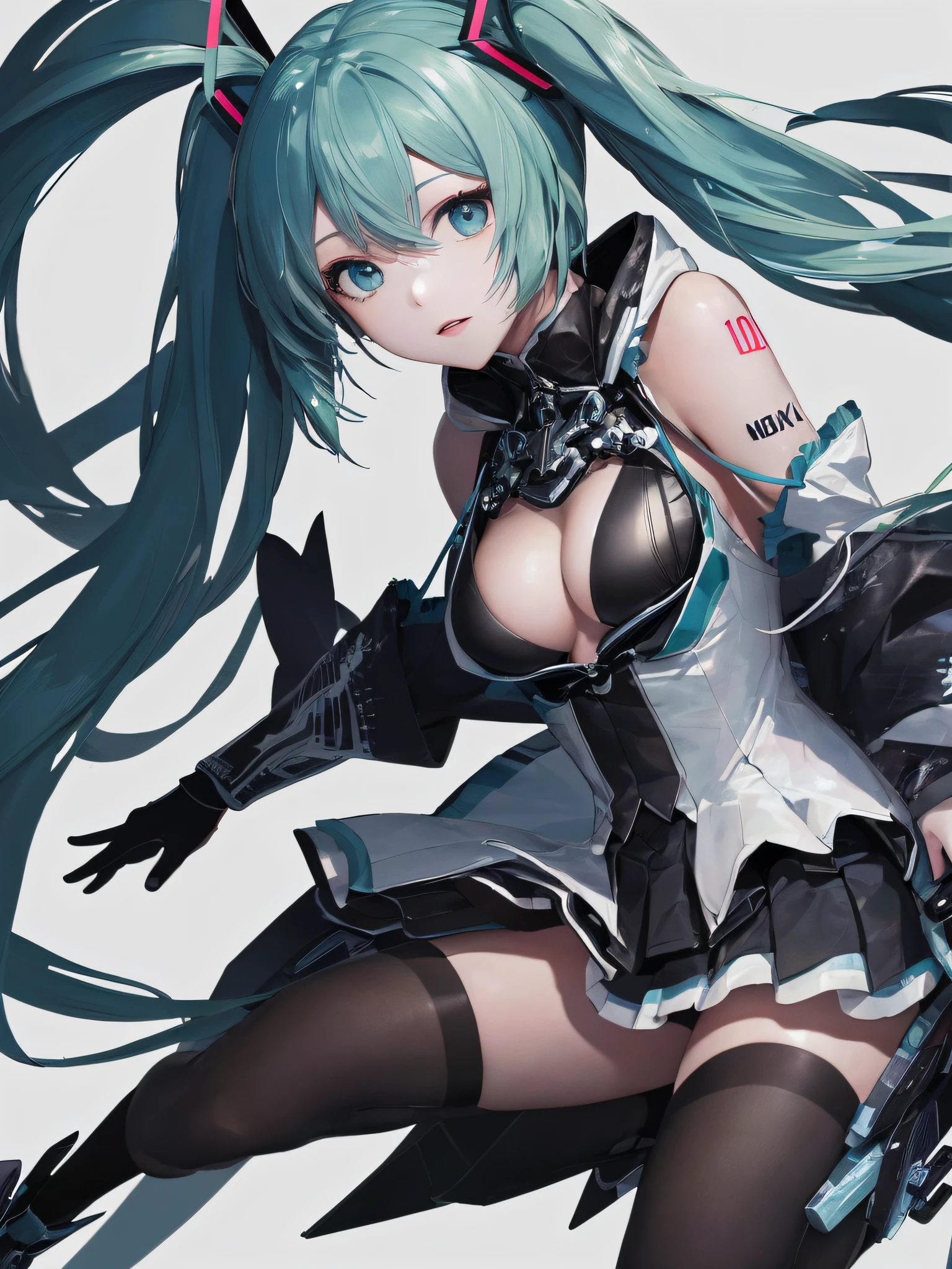 (One lady)、(masterpiece)、(best qualtiy)、(ultra-detailliert)、(a high chroma)、(CG Illustration)、highcontrast、((low angles))、VOCALOID、((miku hatsune))、(Fine and beautiful eyes)、Delicate beautiful face、((dishevled hair))、(( Dressed in a mecha))、(Black stockings)、((B cup breasts))、((teats)) 、The best lighting、spread legswide、Float inside、simple background