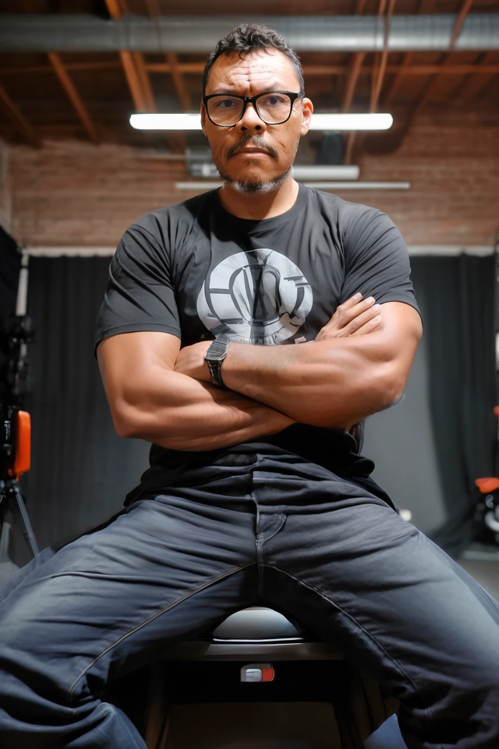 guttonervision8, RAW photo, a man wearing glasses sitting on a chair, ((wearing a black t-shirt and jeans)), masculine pose in a photo studio, 105mm professional photography, analog photography, vintage style, chiaroscuro lighting, (high detailed skin:1.2), 8k uhd, dslr, soft lighting, high quality, film grain, Fujifilm XT3