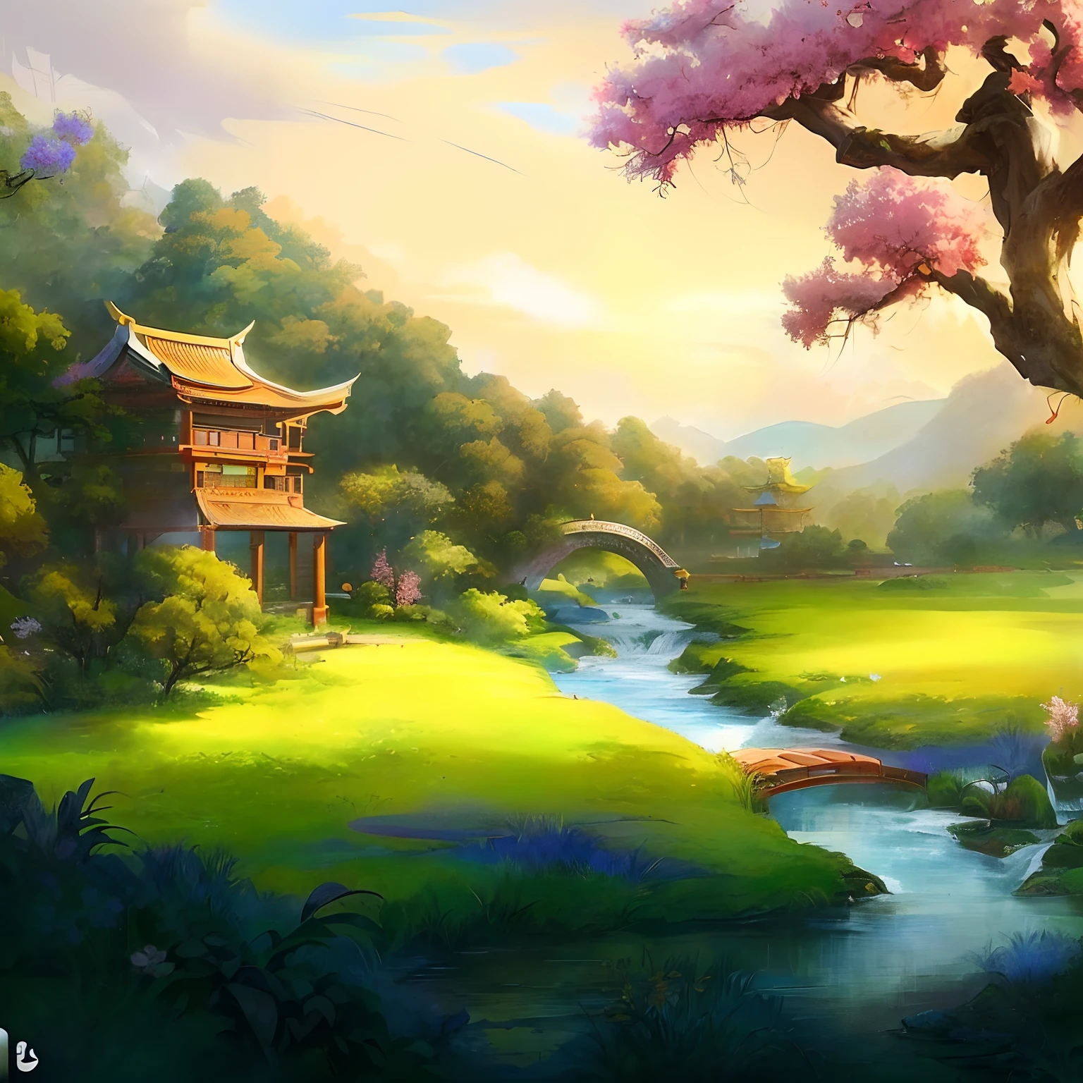 Paint a beautiful Asian landscape with streams and pagodas, background artwork, arte de fundo, anime countryside landscape, landscape artwork, Anime background art, Anime landscape, scenery art detailed, G Liulian art style, peaceful landscape, anime landscape wallpapers, Anime landscape concept art, digital painting of a pagoda, painted as a game concept art, A beautiful artwork illustration