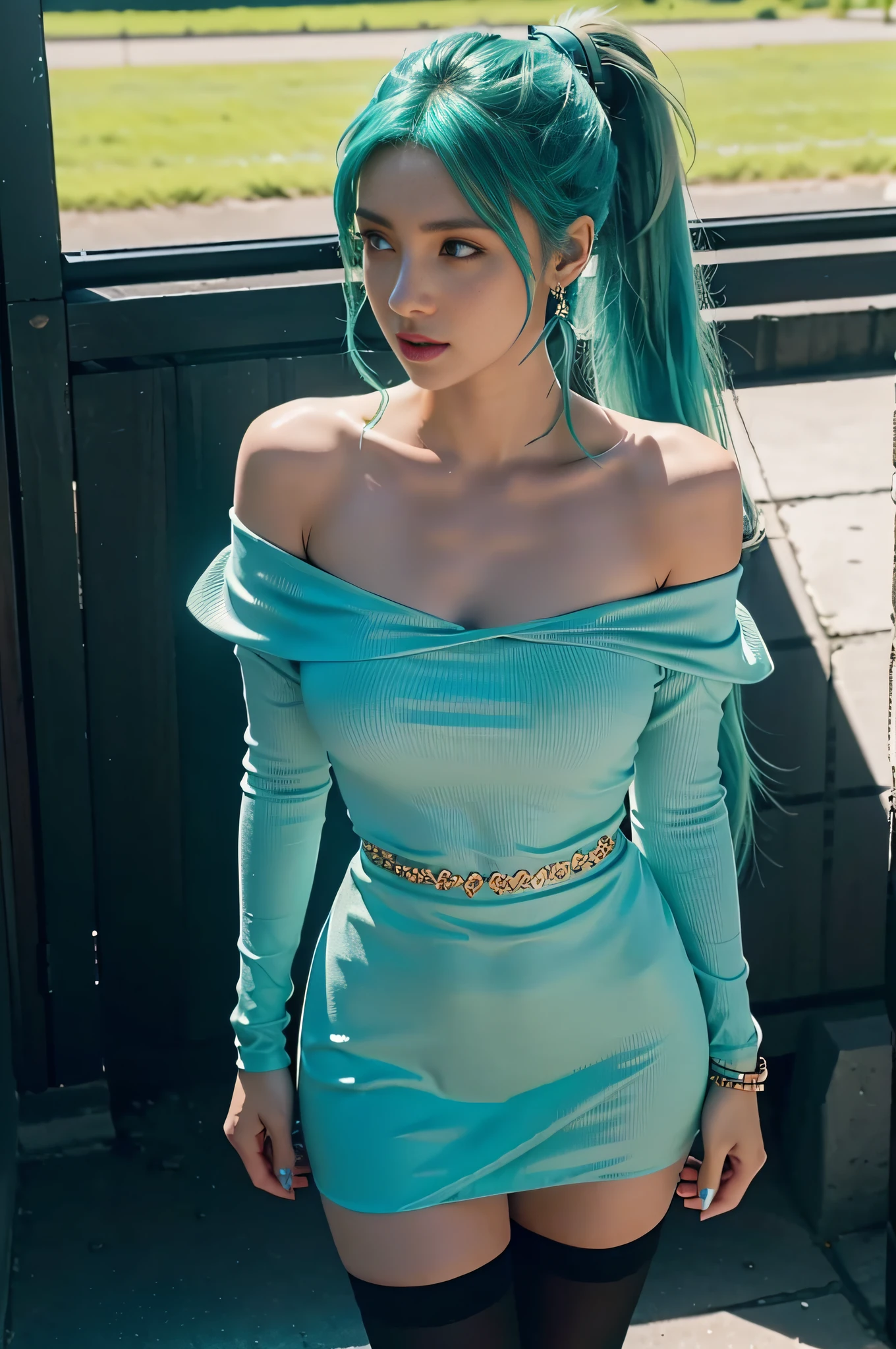 Sky, Field, Wheat, K/Da All Out Seraphine), League of Legends, K/Da \ (League of Legends), 1Girl, Solo, Aqua Green Hair, Gradient Hair, Blue Eyes, Lips, Long Hair, Long Ponytail, Ponytail, Earrings, Jewelry, Armbands, Bracelet, Ice Wings, Blue Dress, Layered Clothes, Black Skirt, One Shoulder Off-the-Shoulder, Cleavage, Stockings, Look to the Audience, Shoot from Above, Look at the Audience, Good-looking Chest, Cleavage, Black Stockings