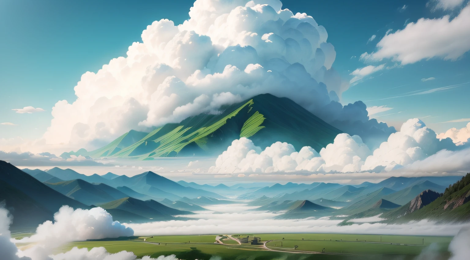 A large cloud fell in the middle of the valley,The weather was very sunny,On both sides are green mountains,It's just big white clouds like big bubbles