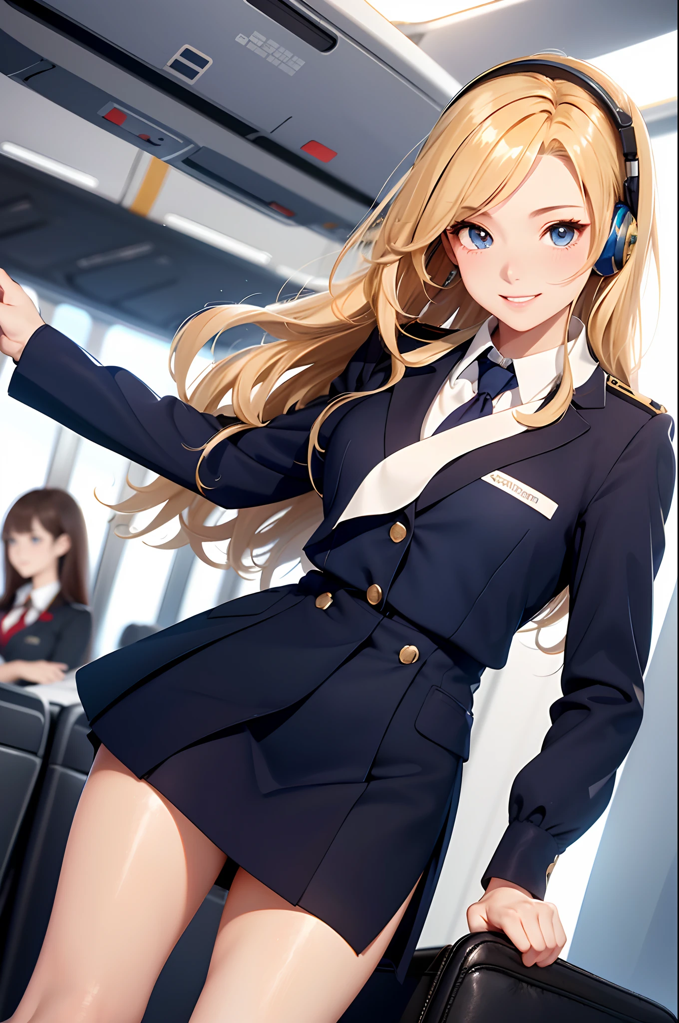 (top-quality、in 8K、32K、​masterpiece、nffsw、超A high resolution、Impresionismo、Photorealsitic:1.2)、Full body, (On the plane:1.4)、realistic shadow、beauitful face、blurry backround、16-year-old beautiful girl、shinny skin, Beautiful golden hair、Wavy Hair、Medium Hair、blue eyess、Stewardess uniform、tight skirts、pantyhose、Black shoes、A smile、thighs thighs thighs thighs、announcement、headset on head