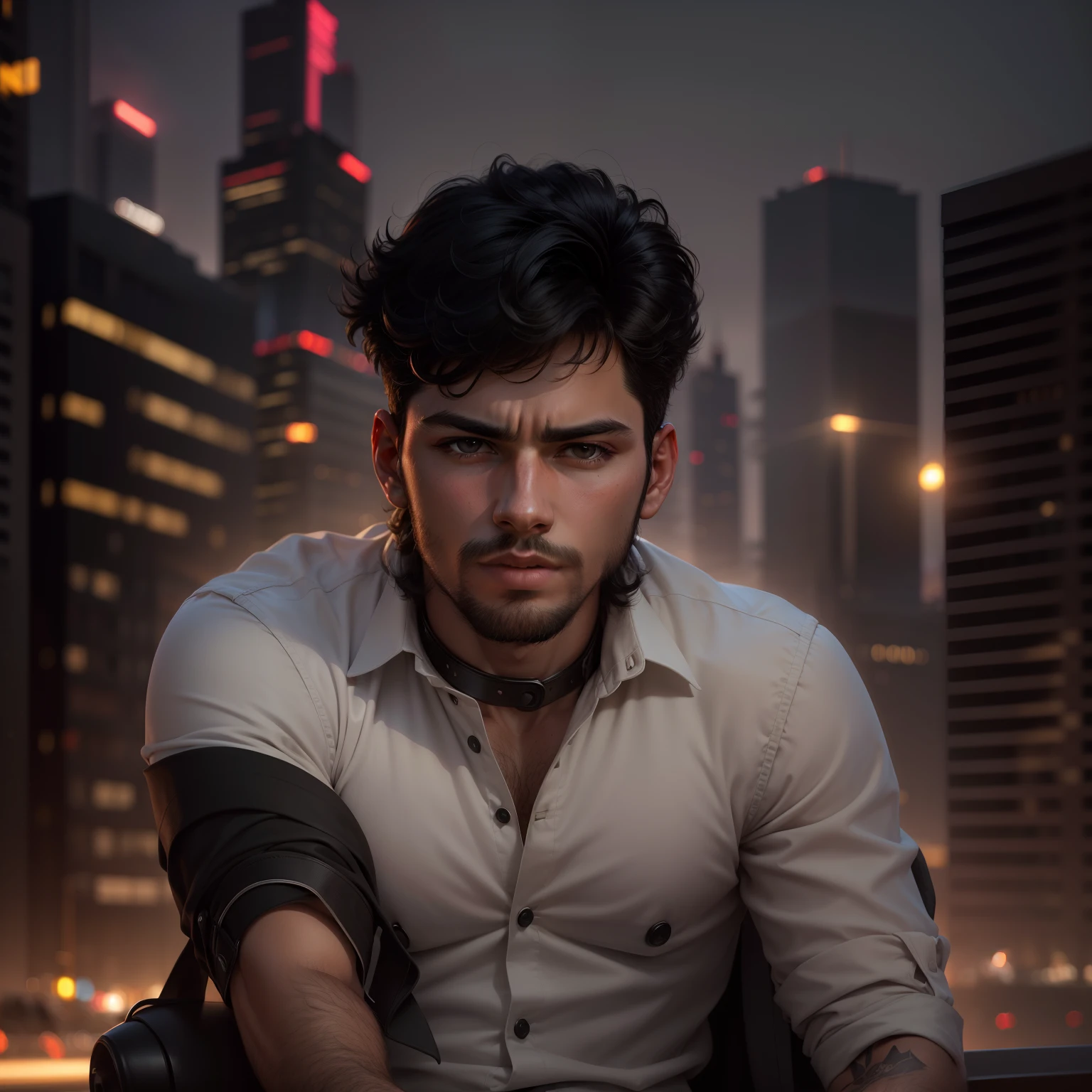 Best quality, masterpiece, ultra high res, (photorealistic:1.4), raw photo, young handsome male, black hair, (night city background:1.2)