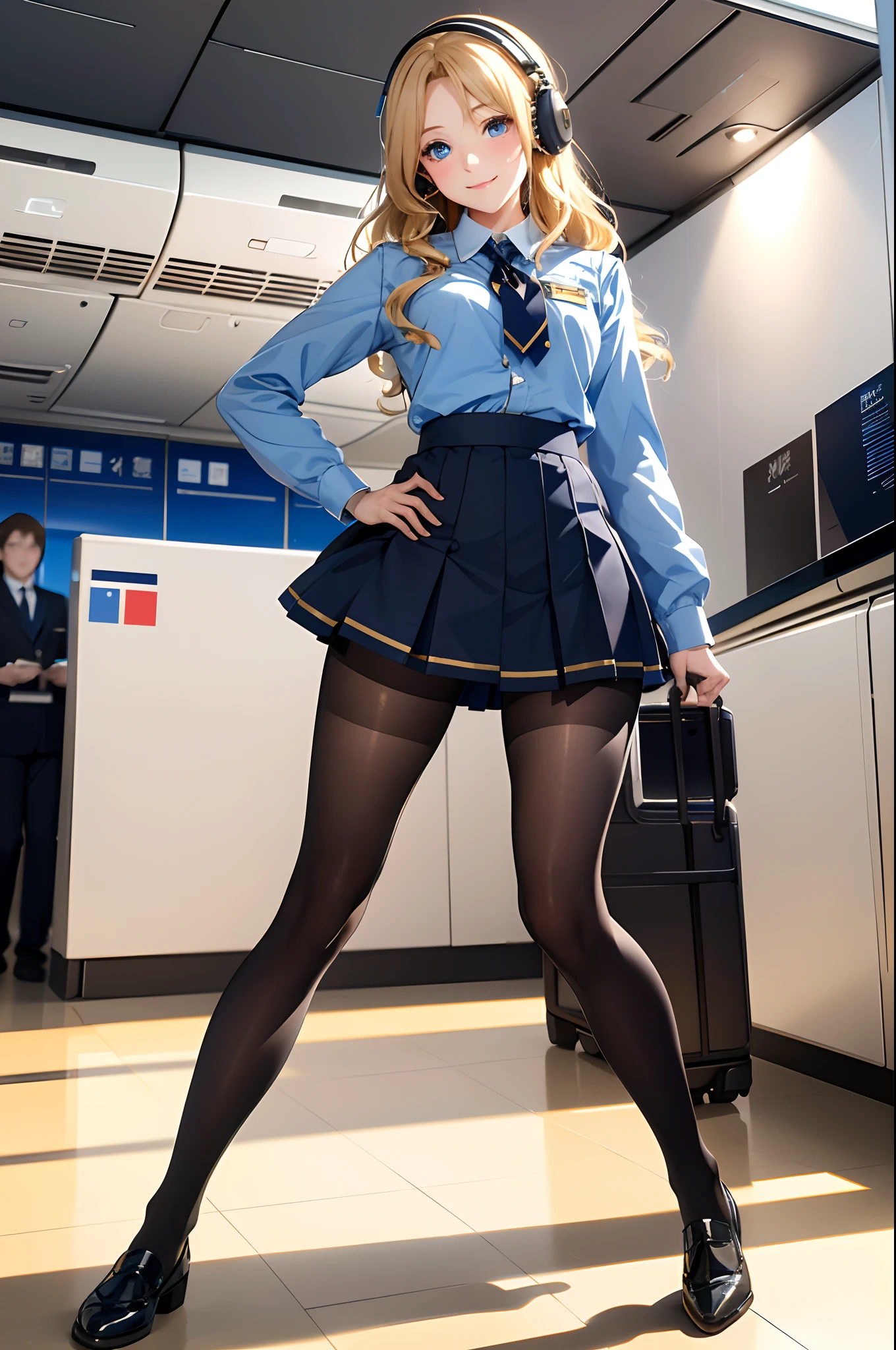 (top-quality、in 8K、32K、masterpiece、nffsw、超A high resolution、Impresionismo、Photorealsitic:1.2)、Full body, (On the plane:1.4)、realistic shadow、beauitful face、blurry backround、16-year-old beautiful girl、shinny skin, Beautiful golden hair、Wavy Hair、Medium Hair、blue eyess、Stewardess uniform、tight skirts、pantyhose、Black shoes、A smile、thighs thighs thighs thighs、announcement、headset on head
