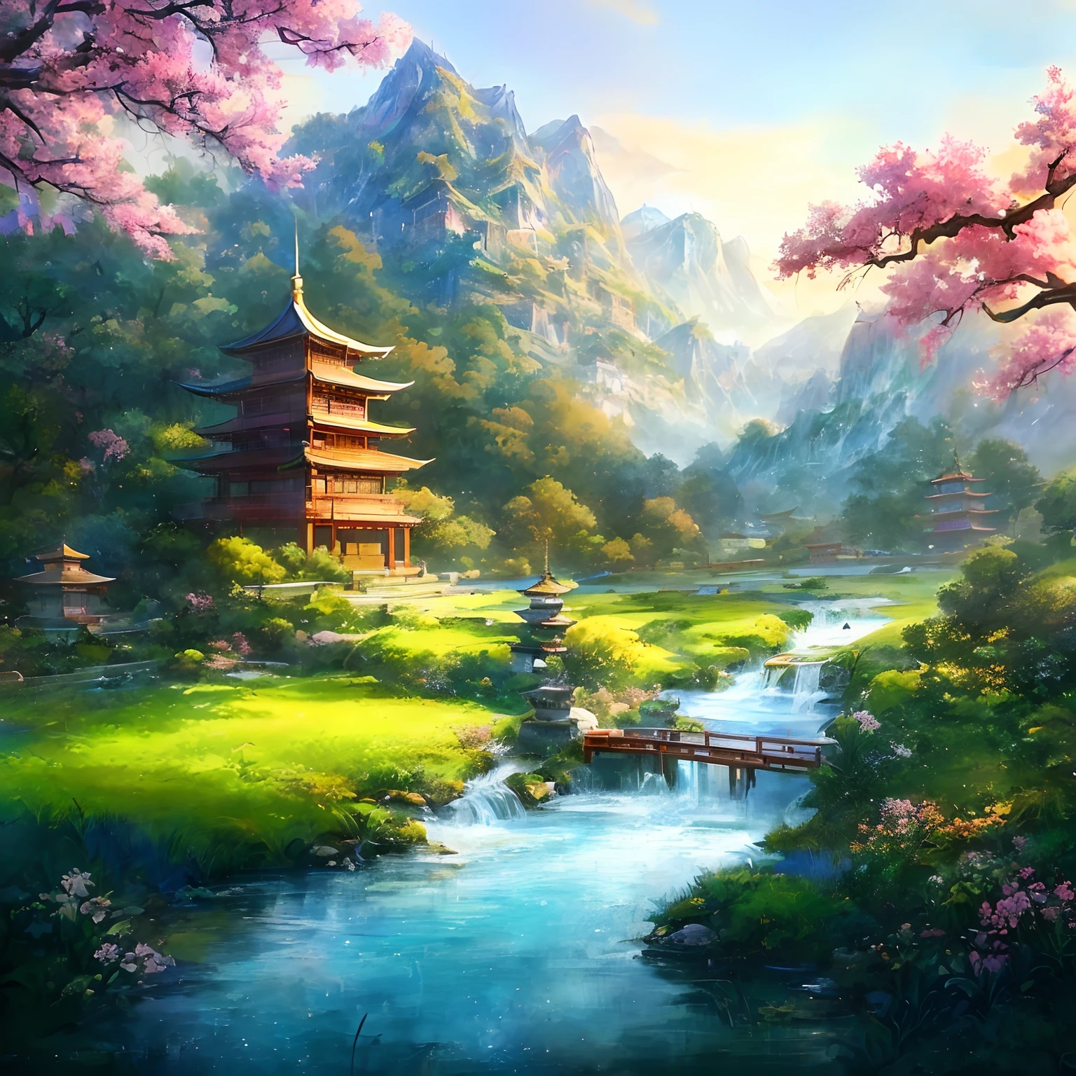 Depict beautiful Asian landscapes with streams and pagodas, background artwork, arte de fundo, anime countryside landscape, landscape artwork, Anime background art, Anime landscape, scenery art detailed, G Liulian art style, peaceful landscape, anime landscape wallpapers, Anime landscape concept art, digital painting of a pagoda, painted as a game concept art, A beautiful artwork illustration