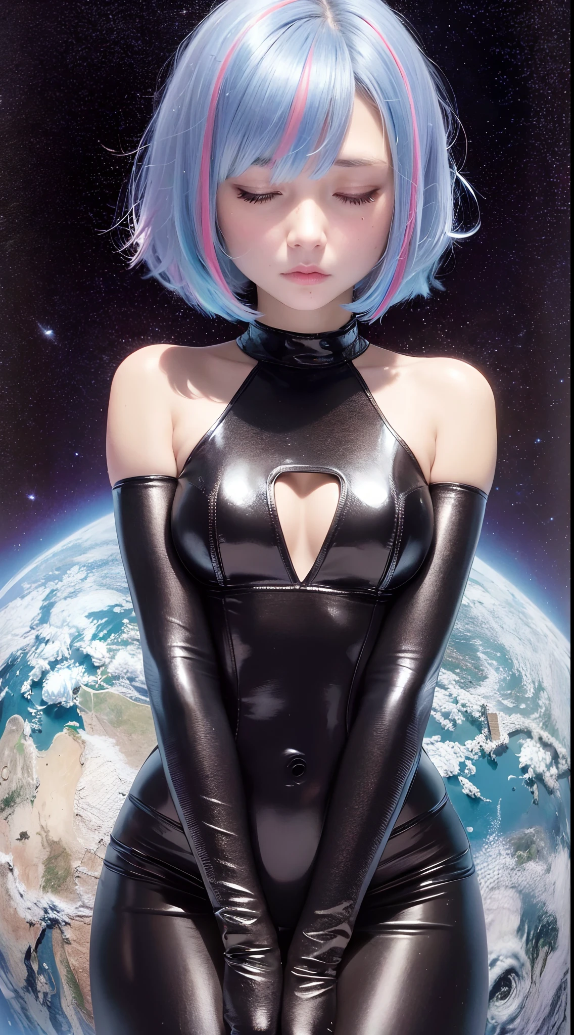 bob cut,sliver hair,multiple colored hair,sad,:<,closed eyes,((good face)),(masterpiece),ahoge,bangs,dynamic,solo,wide shot,gloves,flat chest,(ambient light ),the Earth at the upper part of image,empty-handed,solo,1girl,highres,crying,on the moon surface,outer space,,,
