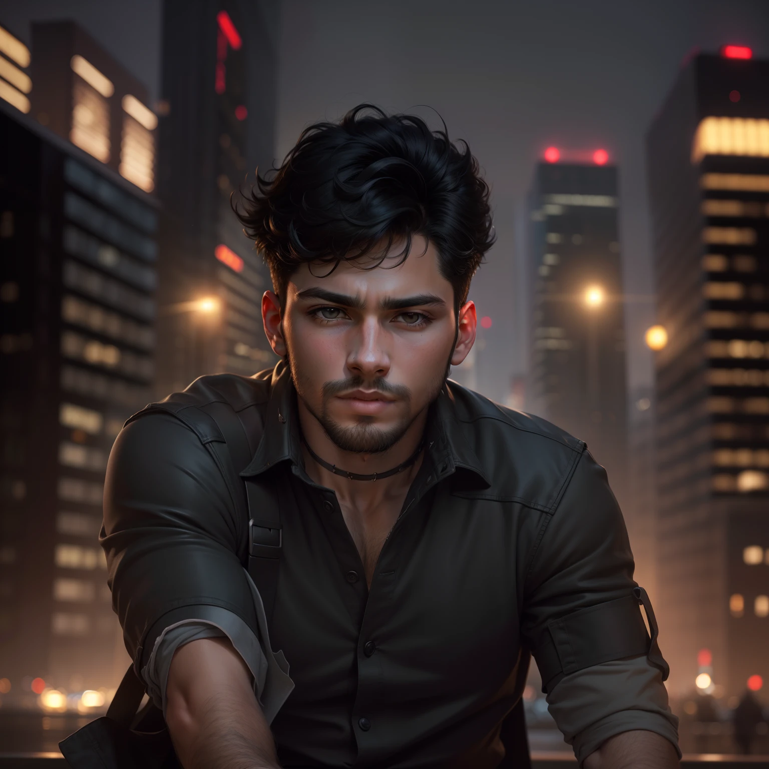 Best quality, masterpiece, ultra high res, (photorealistic:1.4), raw photo, young handsome male, black hair, (night city background:1.2)