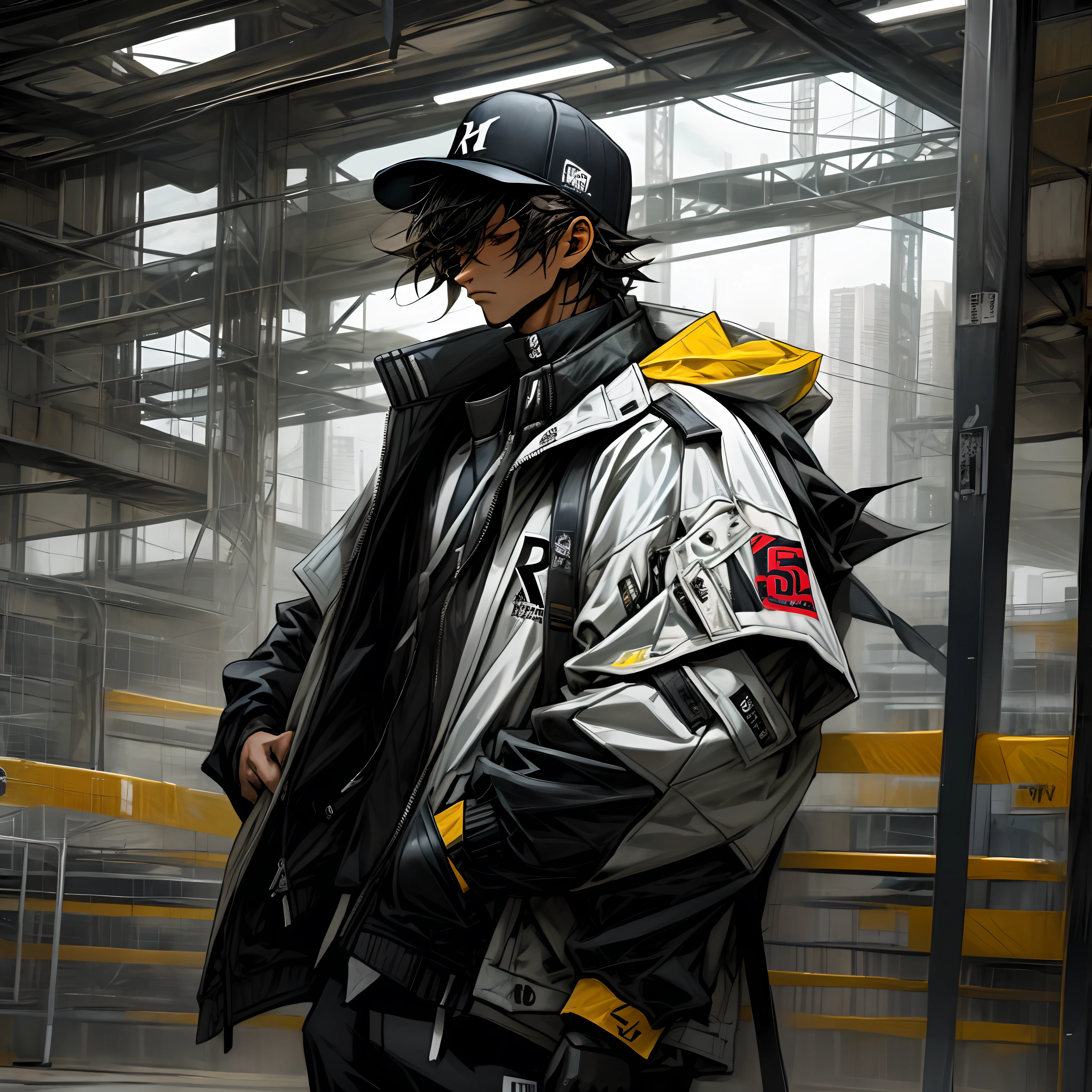 The man wears a black and white jacket，There is a word on it, Streetwear on R, Stylish outerwear,Baseball uniforms