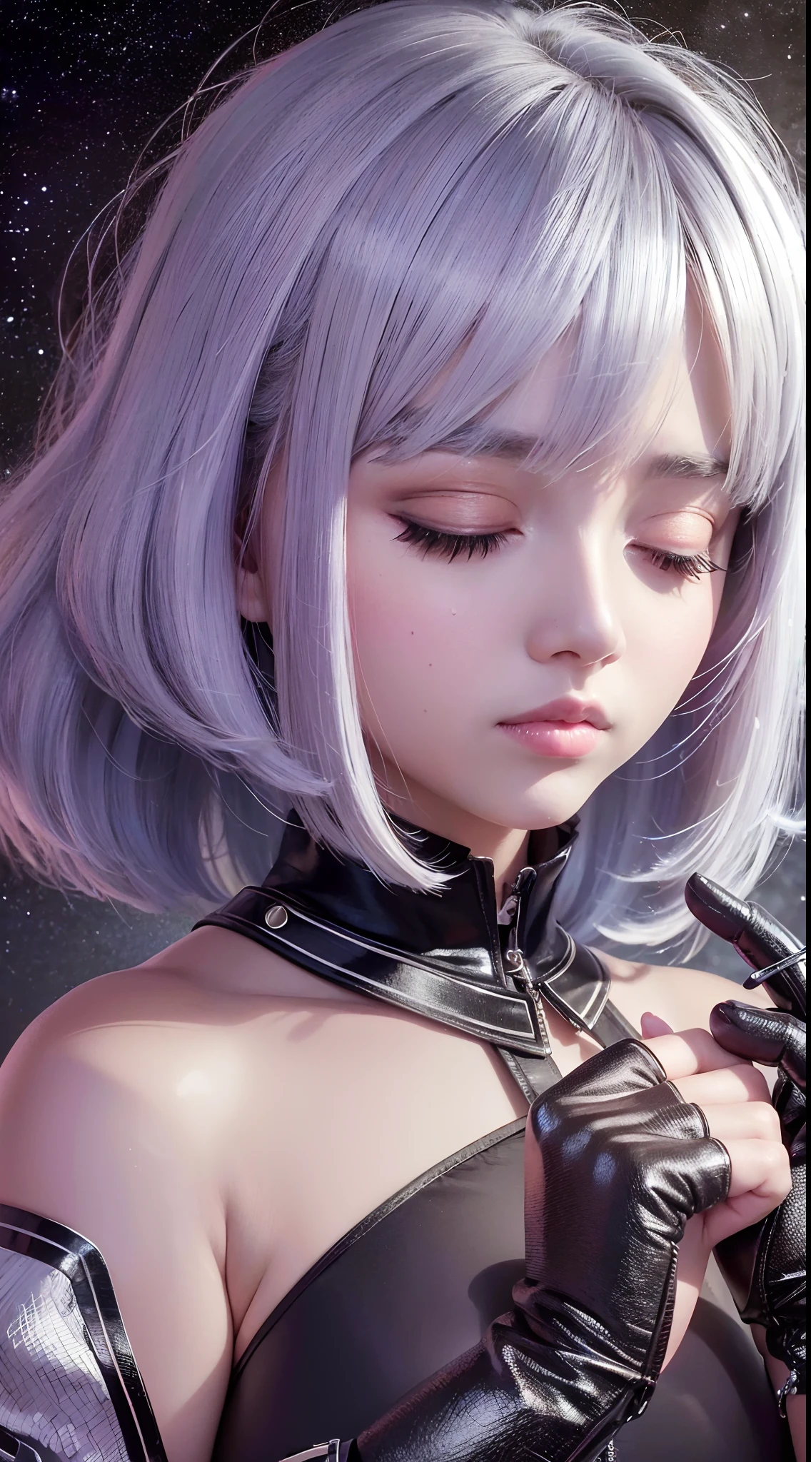 bob cut,sliver hair,multiple colored hair,sad,:<,closed eyes,((good face)),(masterpiece),ahoge,bangs,dynamic,solo,wide shot,gloves,flat chest,(ambient light ),the Earth at the upper part of image,empty-handed,solo,1girl,highres,crying,on the moon surface,outer space,,,