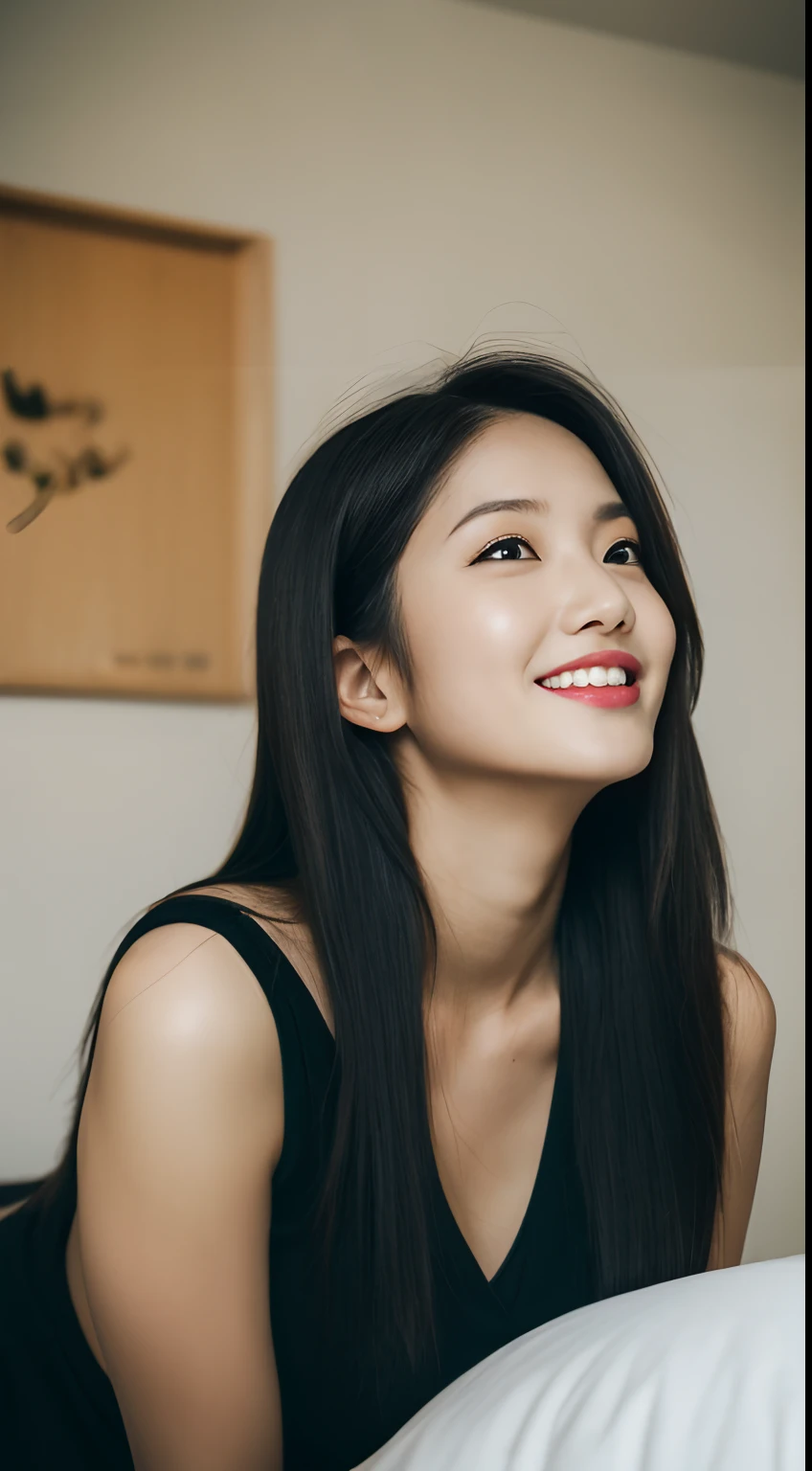 ((Best Quality, 8K, masutepiece:1.3)), beautiful  Girl, pure, Melon face, gentle and cute, Sweet smile, pure lust, Thin body, (Frontal), (Head Tilted), Looking directly at the camera, uniform, Obi, Formal, Black silky long straight hair, long hair flowing over the shoulders, round black big eyes, clear big eyes, Moist red lips, Dolce, Sitting on the edge of the bed, Home background,Raw photo