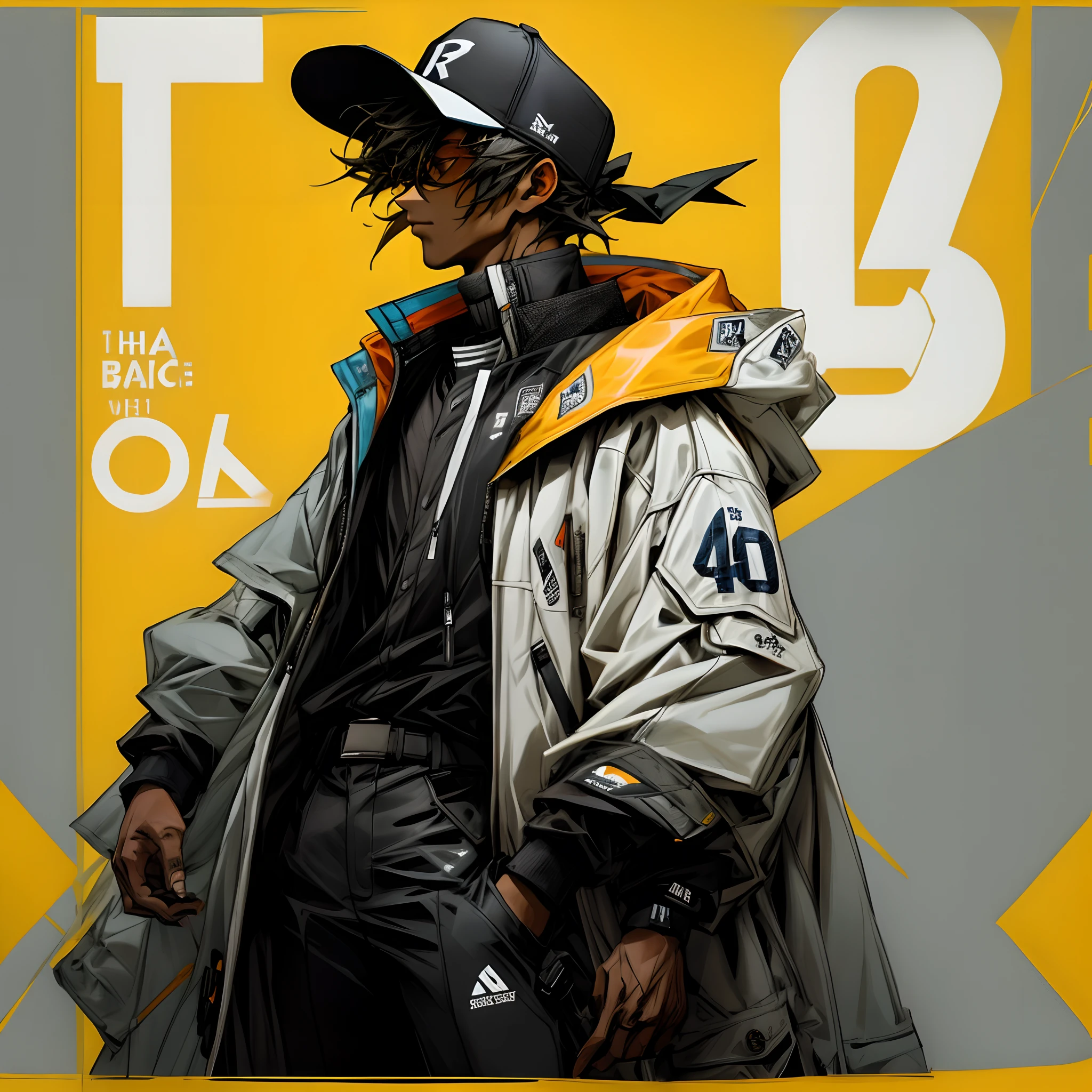 The man wears a black and white jacket,There is a word on it, Streetwear on R, Stylish outerwear,Baseball uniforms