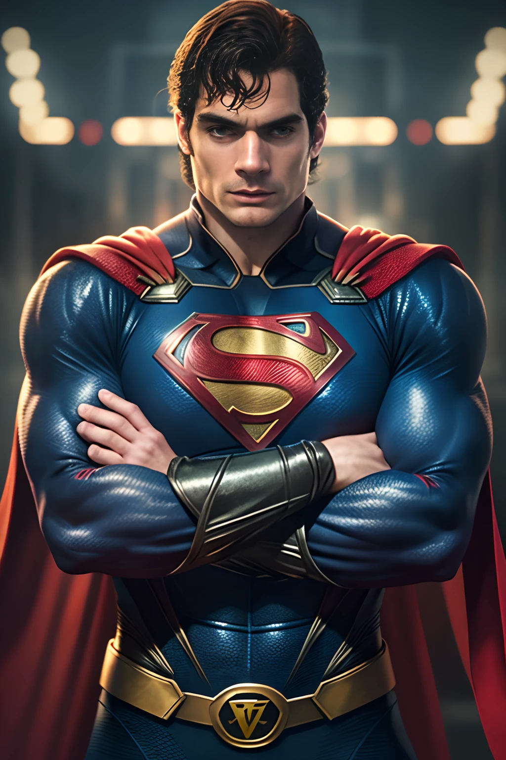 1 man, solo, Henry Cavill as Superman, 40s year old, all blue and red details suit, bare hands, big red S symbol on the chest, red cape, strain of hair covering forehead, short cut hair, tidy hair, tall, manly, hunk body, muscular, wide shoulder, straight face, black hair, best quality, high resolution:1.2, masterpiece, raw photo, dark background, detailed suit, detailed face, upper body shot, crossed arms, runic scene in the background