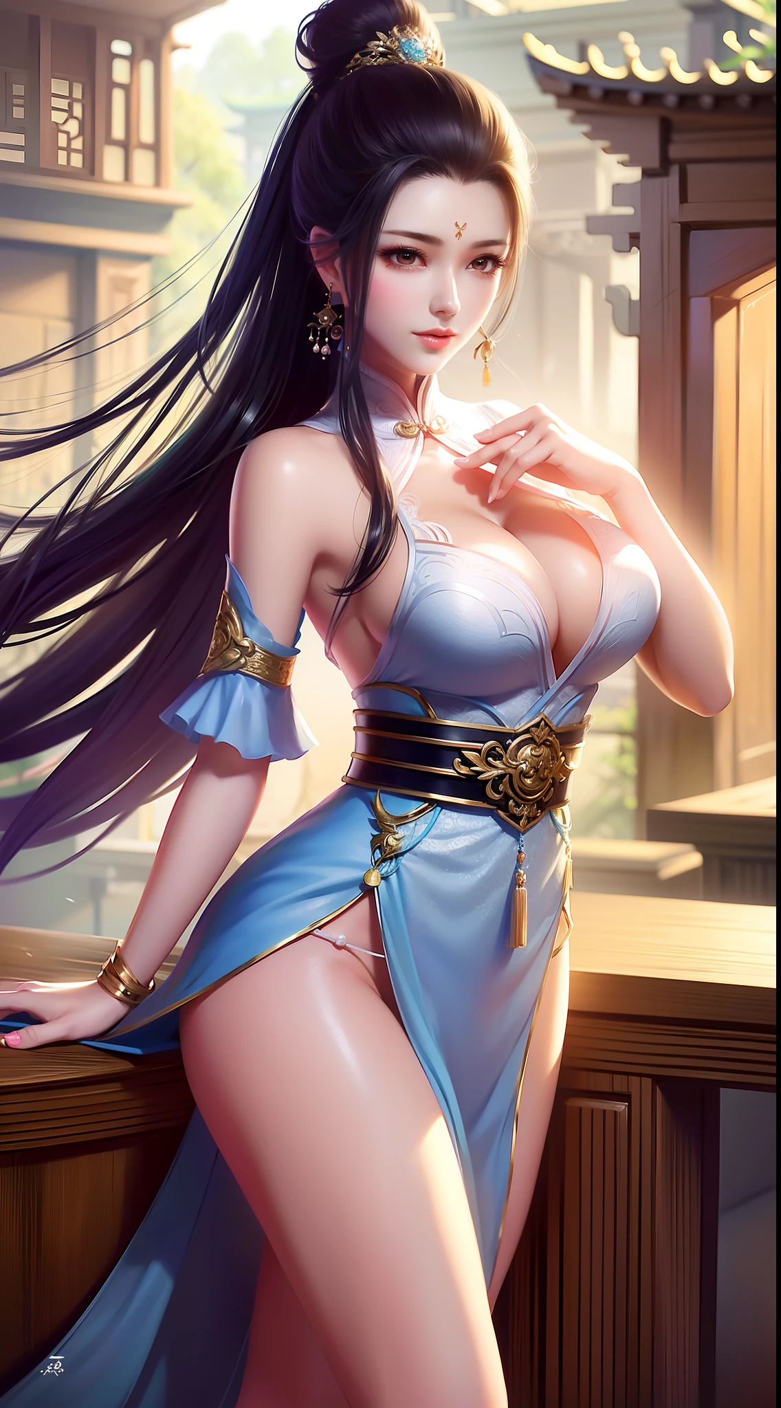 ((best qualtiy))，RAW photos，((tmasterpiece))，Need，超高分辨率，16k，Super clear picture quality，(Wallpapers)，realisticlying，Front lighting，Complicated details，Exquisitedetailsandtextures，1girll，独奏，Chinese architectural background，（年轻），full bodyesbian，Facial highlights，((Super detailed facial details))，Whitish skin，Black color hair，hair adornments，hair-bun，(Ji hair style)，耳Nipple Ring，looking at viewert，largeeyes，prette，(sweet)，Hanfu，show legs，（Breast enlargement：C cup），slimfigure，(Chinese courtyard)，Beautiful surroundings，best illuminate，softlighting，Vivid and bright，Graphics card rendering