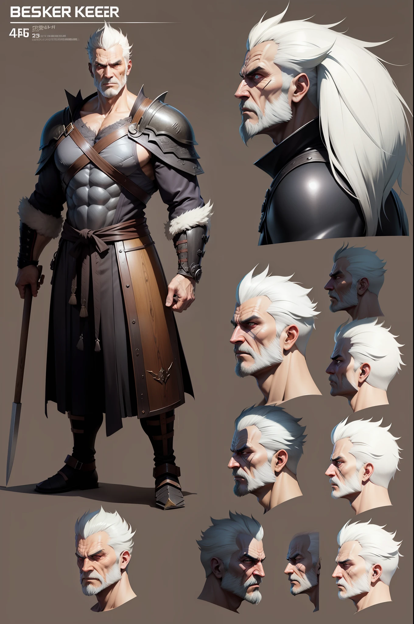 （character design sheet,Same role,frontage,Lateral face,on  back),illustration。Berserker，45 yers old，male people，Double axe，There is a scratch on the left eye