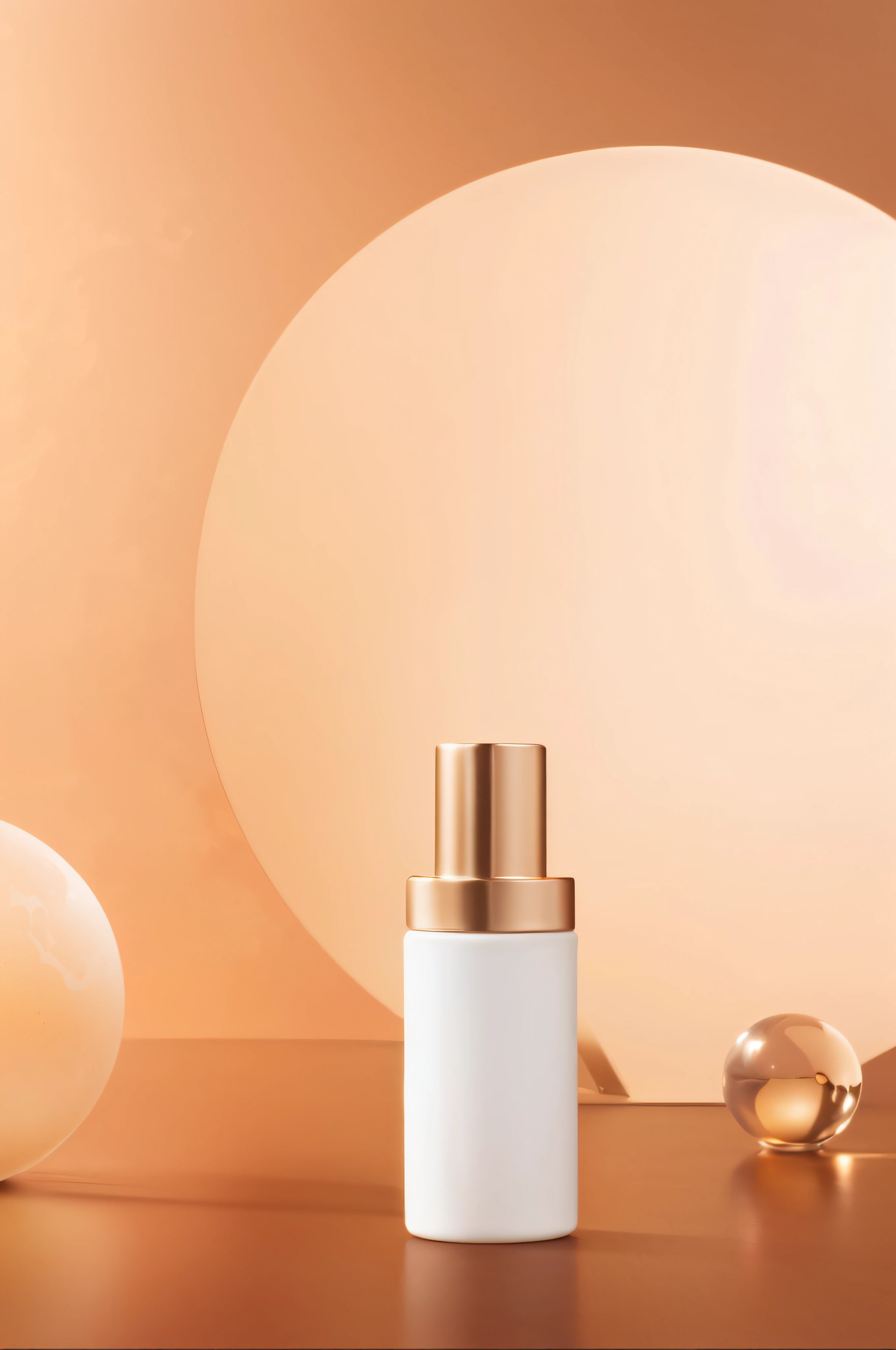 There is a bottle of liquid placed on the table next to the ball, Professional product photography, diffused natural skin glow, high qualityProduct photography, dramatic product shot, immaculate complexion, dramatic product lighting, high quality topical render, Product photography, products shot, Skincare, Product photography 4 K, Sleek round, with light glowing, photoshoot for skincare brand, Ivory and copper