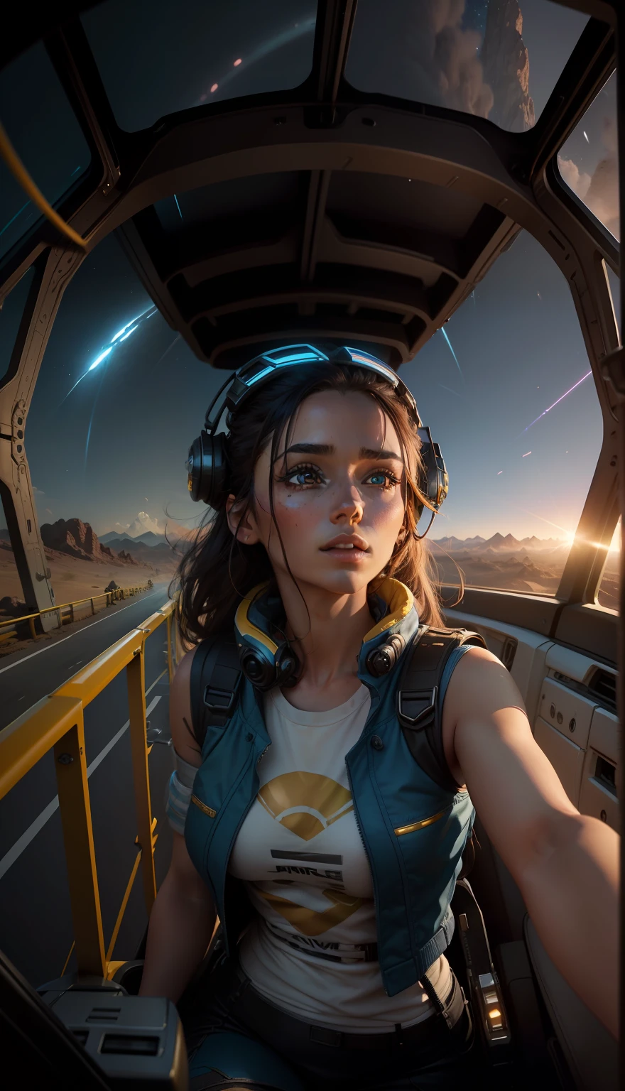 a vibrant cinematic full body photo of a female adventure in an alien world, ((((driving a )))) small ATV ground crawler combat transport. future transport, octane render, high quality ultra future blue an gold space combat visor up, alien planet background, in the style of Rob Lyfeild.