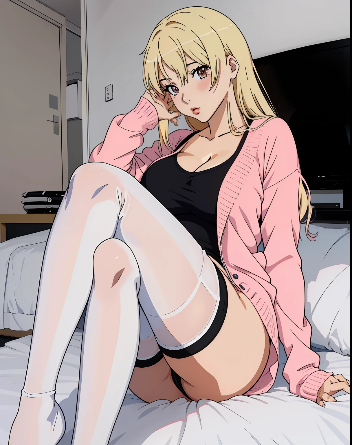 Chica de anime sentada , seductora chica de anime francesa ropa holgada blanca, en cama