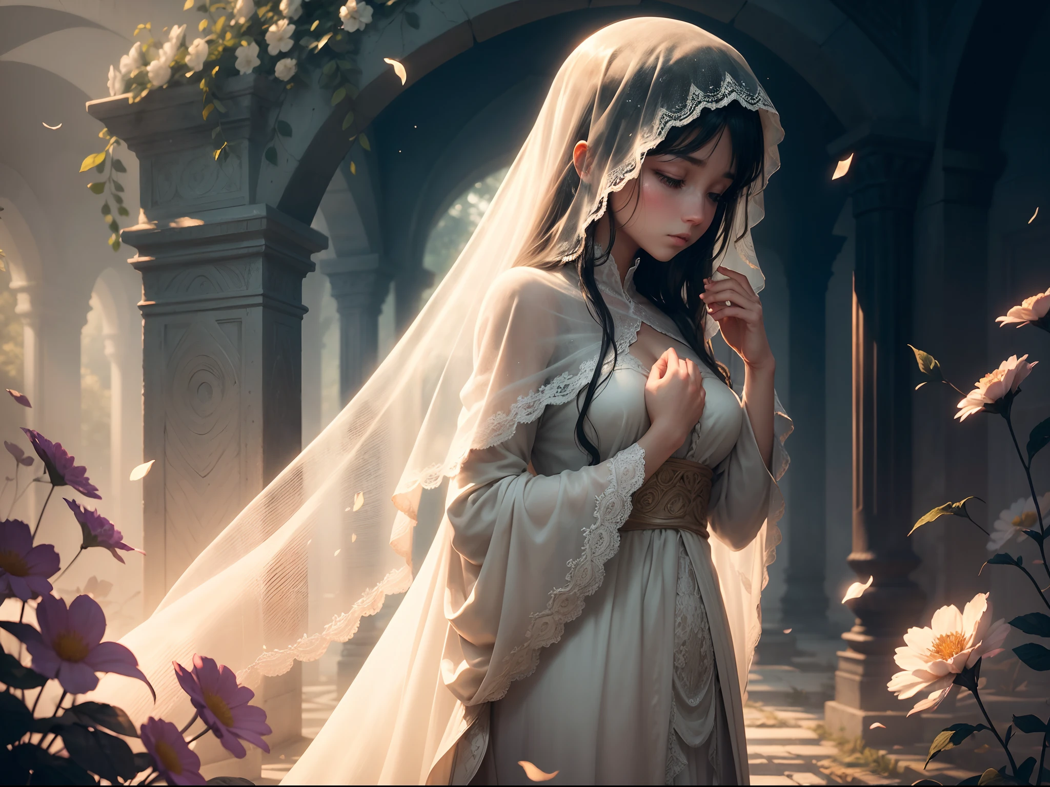 "(ultra-detailed CG unity 8k wallpaper, masterpiece, best quality, depth of field, HDR, intricate), An ethereal and hauntingly beautiful scene, reminiscent of the melancholy and elegance of "lacrimosa". Low light, soft focus, and a delicate balance of shadows and highlights. A solitary figure, gracefully draped in flowing attire, stands amidst a misty landscape. Their face, hidden beneath a veil of delicate lace, reveals only the hint of sorrow and longing. Surrounding them, a sea of vibrant and wilting flowers, their petals shimmering with dewdrops. Rays of golden sunlight filter through the dense foliage, casting a warm and melancholic glow. The atmosphere is filled with a sense of solitude and contemplation, a moment frozen in time."