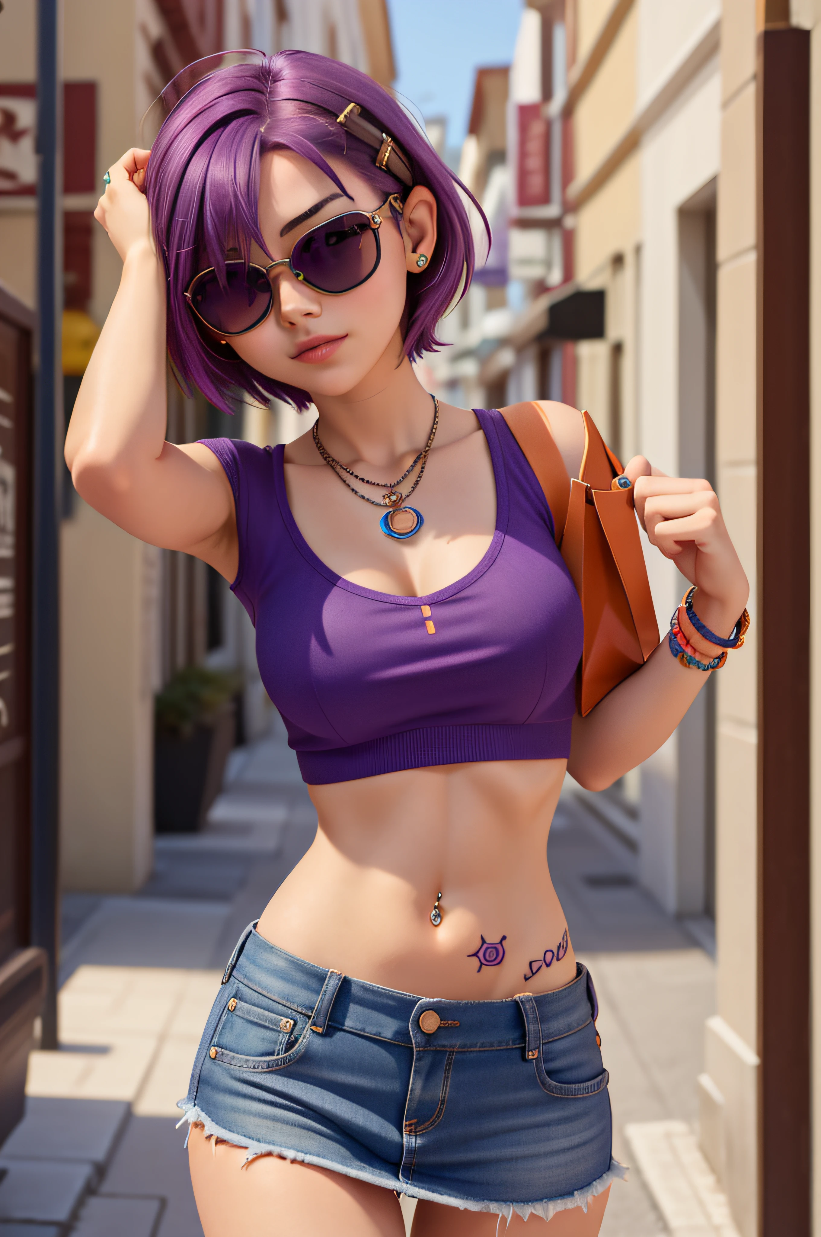 1 girl, 20 years old, short purple hair, short orange shirt, blue mini skirt, arm tattoo, navel piercing, sunglasses, shopping