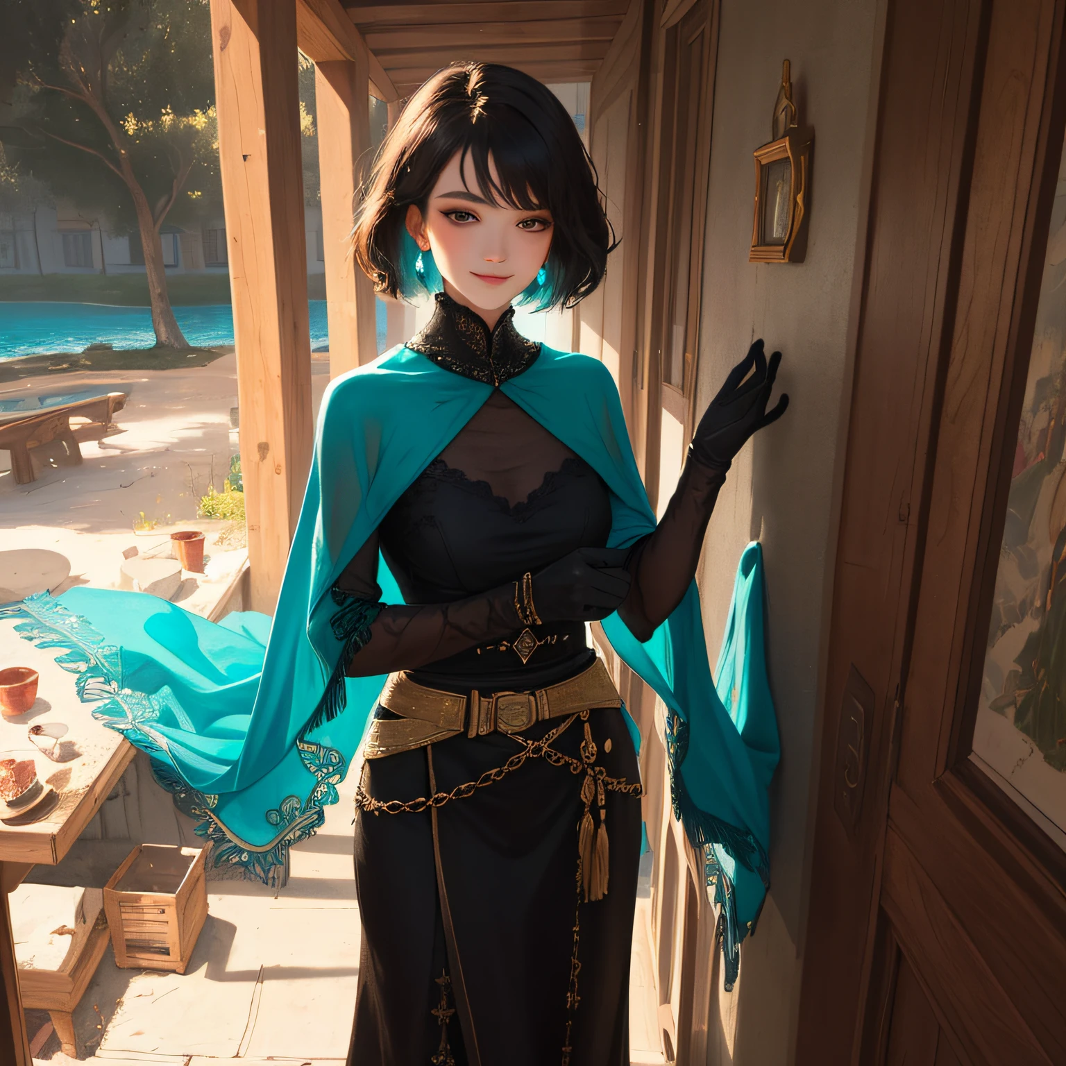 masterpiece, best quality, (extremely detailed CG unity 8k wallpaper, masterpiece, best quality, ultra-detailed, best shadow), (detailed background), (beautiful detailed face, beautiful detailed eyes), High contrast, (best illumination, an extremely delicate and beautiful),(girl:1.5),((short cyan hair woman black poncho, black gloves painting volegov carl larsson)), ((shy smile)), hand on the tree, dynamic angle,beautiful detailed glow,full body, cowboy shot