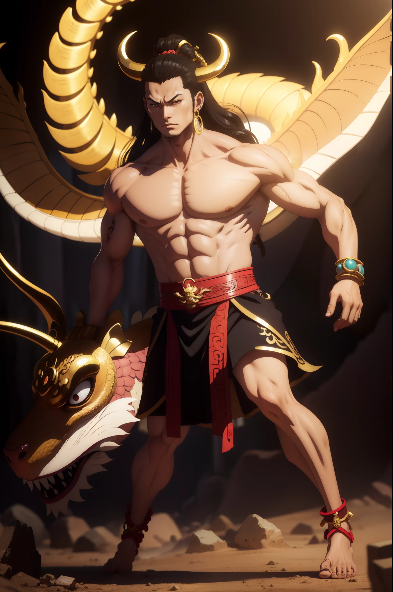 Best quality, 4K, solo, (anime: 1.2), (nipple: 1.2), male, juvenile, with a Chinese dragon horn on the head, earrings on the ears, bracelets on the wrists, (metal ankle rings on the ankles: 0.8), ancient Chinese style, (full body: 0.2), (bare shoulder: 0.8), long hair, (fair skin: 1.5), dance moves