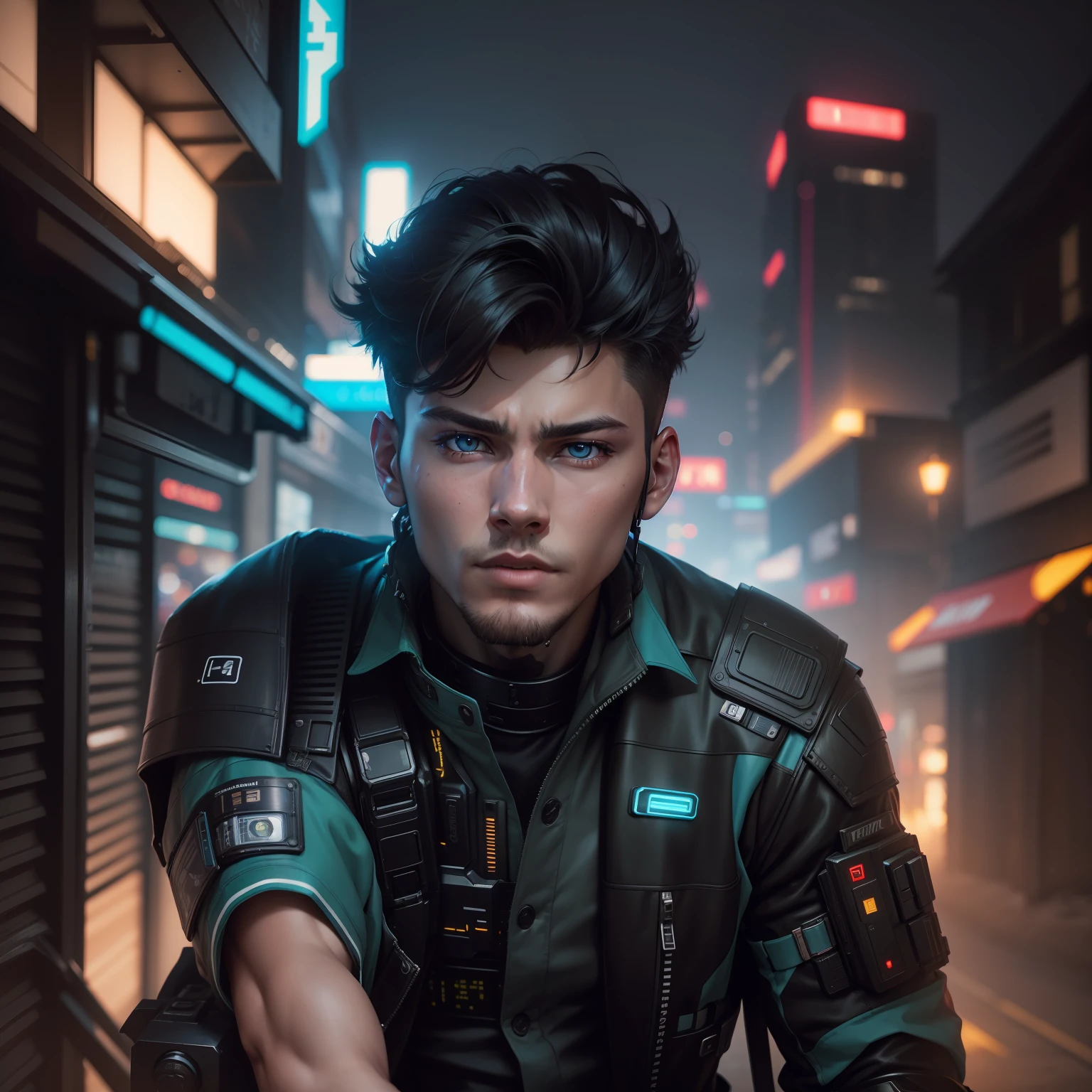 landscape 1boy, 27 years old, futuristic cyberpunk clothes, night, detailed futuristic cyberpunk tokio street, medium full shot, photorealistic, masterpiece, realistic, 8k dslr, extreme detailed eyes, extreme detailed face, extreme detailed body, FujiFilm XT3