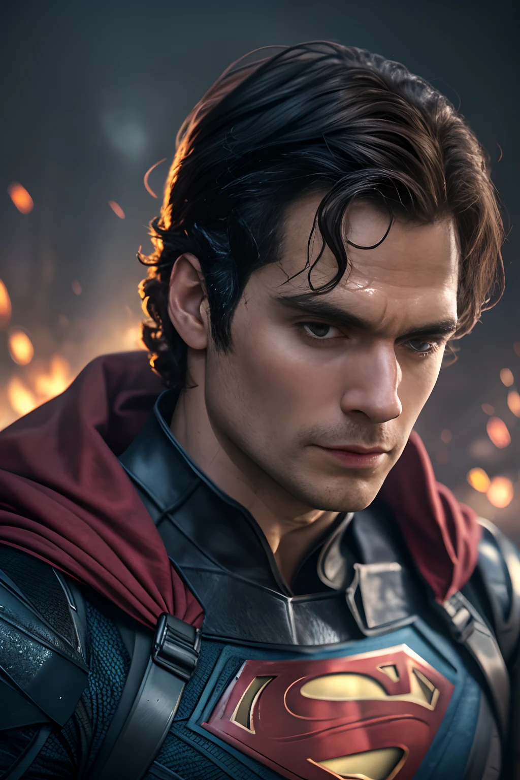 1 man, solo, Henry Cavill as Superman, 40s year old, all blue and red details suit, bare hands, big red S symbol on the chest, red cape, strain of hair covering forehead, short cut hair, tidy hair, tall, manly, hunk body, muscular, wide shoulder, straight face, black hair, best quality, high resolution:1.2, masterpiece, raw photo, dark background, detailed suit, detailed face, upper body shot, crossed arms, runic scene in the background