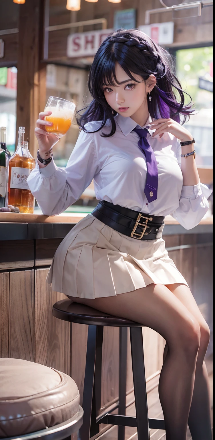 Black hair, one-girl, at a bar, Sit on the bar chairs, drink, Bar, White color blouse, Very short pleated skirt, Walk away, mediuml breasts, Thin waist and thick hips, juicy legs, perfect bodies, Nice face, sexyposture, casting spells, Purple hair, bangs, french braid, drunk, Closed mouth, surrealism, Fuji colors, Cowboy shot, 8K, Super detail, Textured skin, Masterpiece