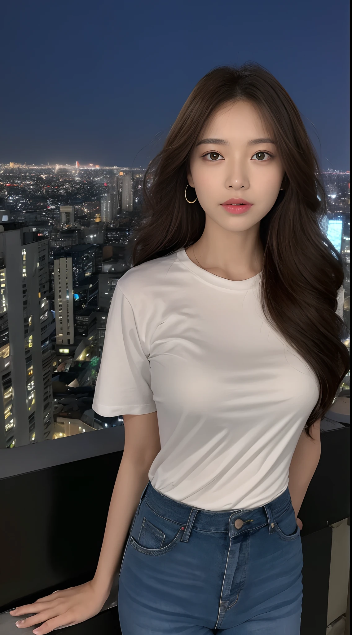 ((Midnight, Best quality, 8k, Masterpiece :1.3)), Whole body, Long legs, Sharp focus :1.2, A pretty woman with perfect figure :1.4, Slender abs :1.1, ((Dark brown hair, Big breasts :1.2)), (White tight tshirt, Jean bib, Standing:1.2), ((Night city view, Rooftop:1.3)), Highly detailed face and skin texture, Detailed eyes, Double eyelid