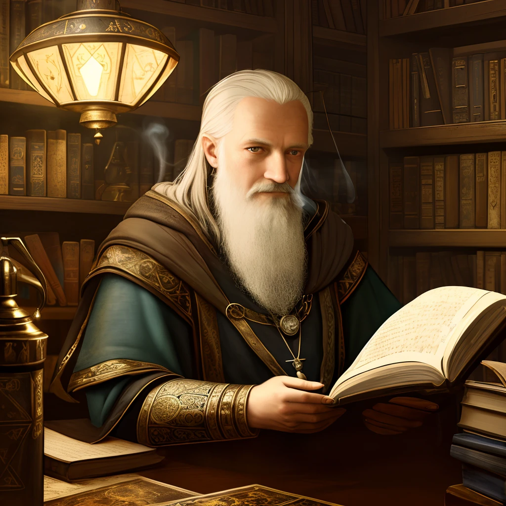 very old wizard, alchemy, looking at book, old medieval painting, smoke, lots of detail, cluttered room, lamp, dark room, detailed tunic, glowing pendant, high contrast light,