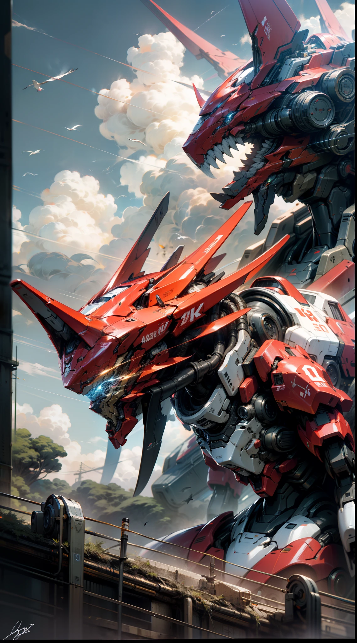 8K wallpaper, Masterpiece,Cinematic lighting, Best quality,illustration,detailed face portrayal,Dramatic angle,
Mecha \\\(leges\\\), Mecha,robot, Science fiction, Mecha, No Man, Outdoors, Cloud, sky, scenery, Military, Bird, Non-humanoid robots, signatures