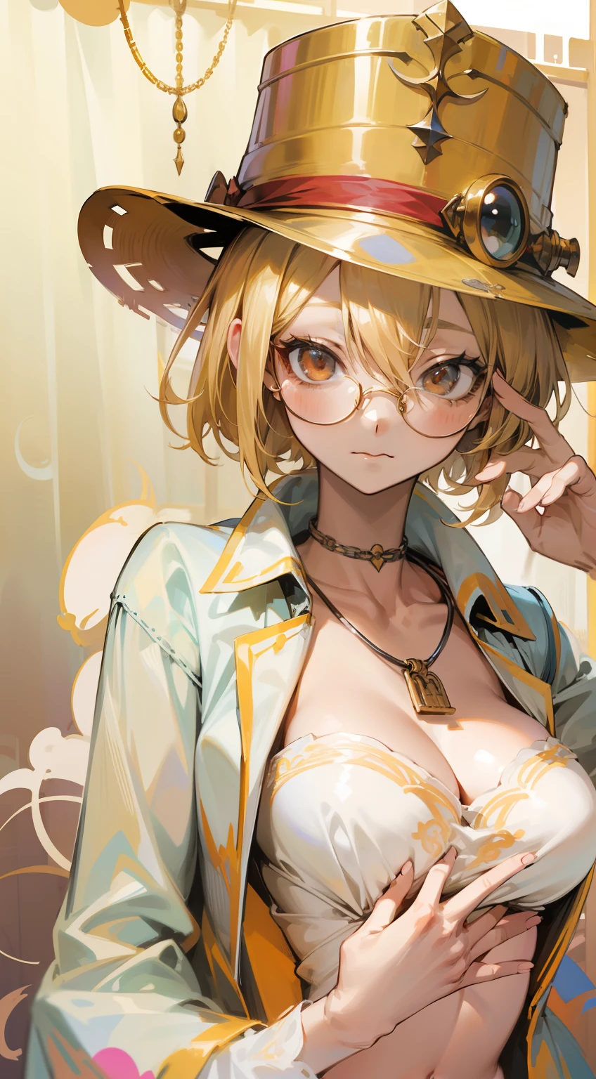 (Marco),Perfect ,don quixote \(limbus company\, Naked、Blonde hair, a beauty girl、eye glasses、middlebreasts、Short hair, hair between eye, Orange Eyes、White blouses、cleavage of the breast、Long flared skirt、a necklace、Breathless、pierced nipple、Chain scientist hat from the nipple、Basketball Hand、armor、`She has a book and a phone、(college campus )、Cowboy style、hiqcgbody