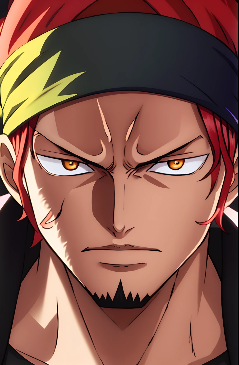 full-length portrait | detailed face | symmetric | intricate detailed | to scale | hyper realistic| cinematic lighting | digital art | concept art | mdjrny-v4 style, 1boy, Wano style, red hair, spiky hair, serious, bandana, looking at viewer, HAKI eyes, upper body, ((masterpiece)) (best quality) (extremely detailed), depth of field, dark intense eyebrows, sharp focus, soft lighting, hdr, colorful, good composition, spectacular, bandana, long dark poncho, anime screen cap, ready to fight, Wanostyle, X shaped scar on cheek, Scope over one eye, face scar, Trafalgar D. water law, Collared shirt