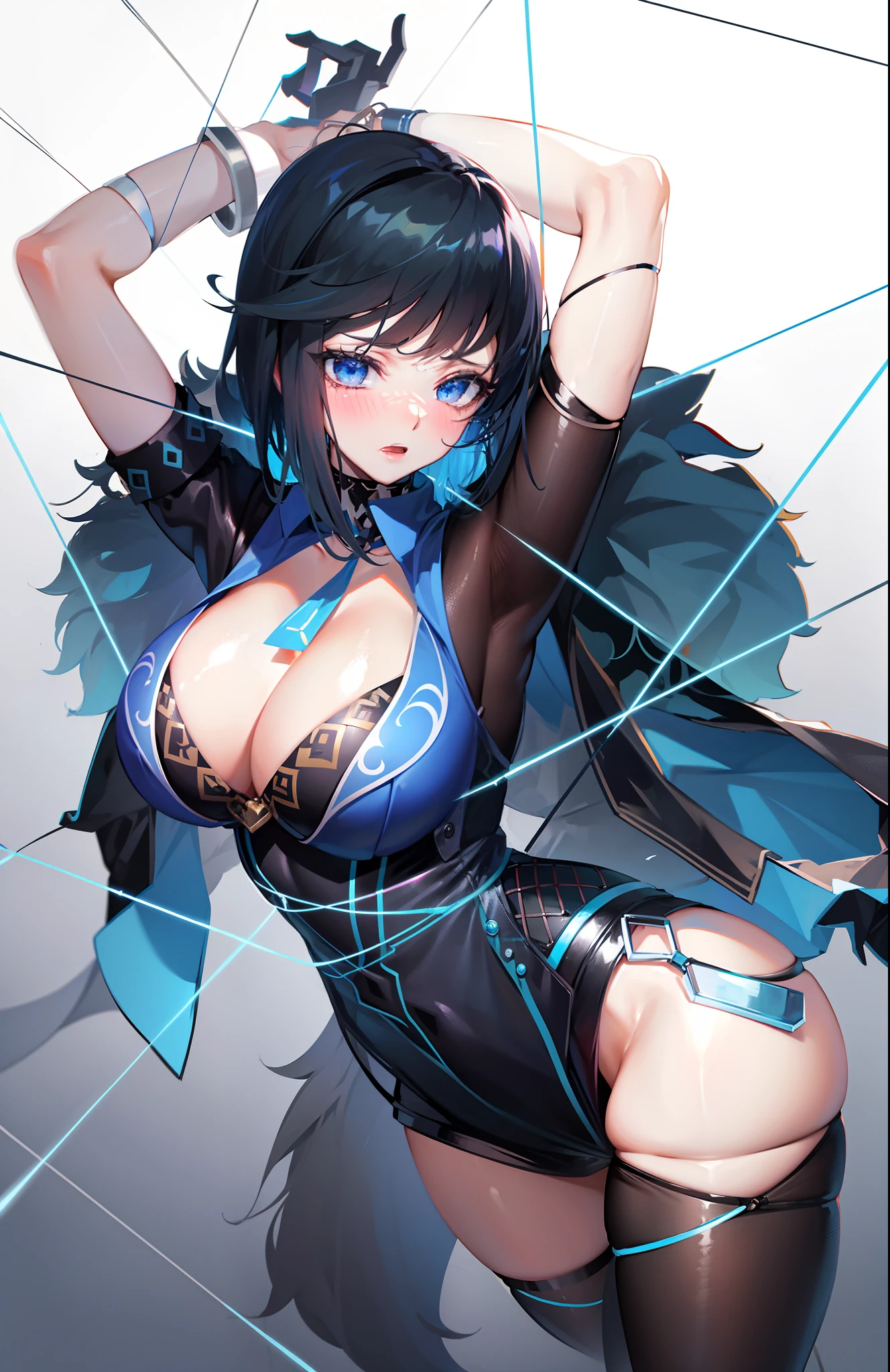 A beauty in stockings,a matural female,Blue translucent miniskirt,cabelos preto e longos,fearful expression,Tears in the eyes,very photoreal