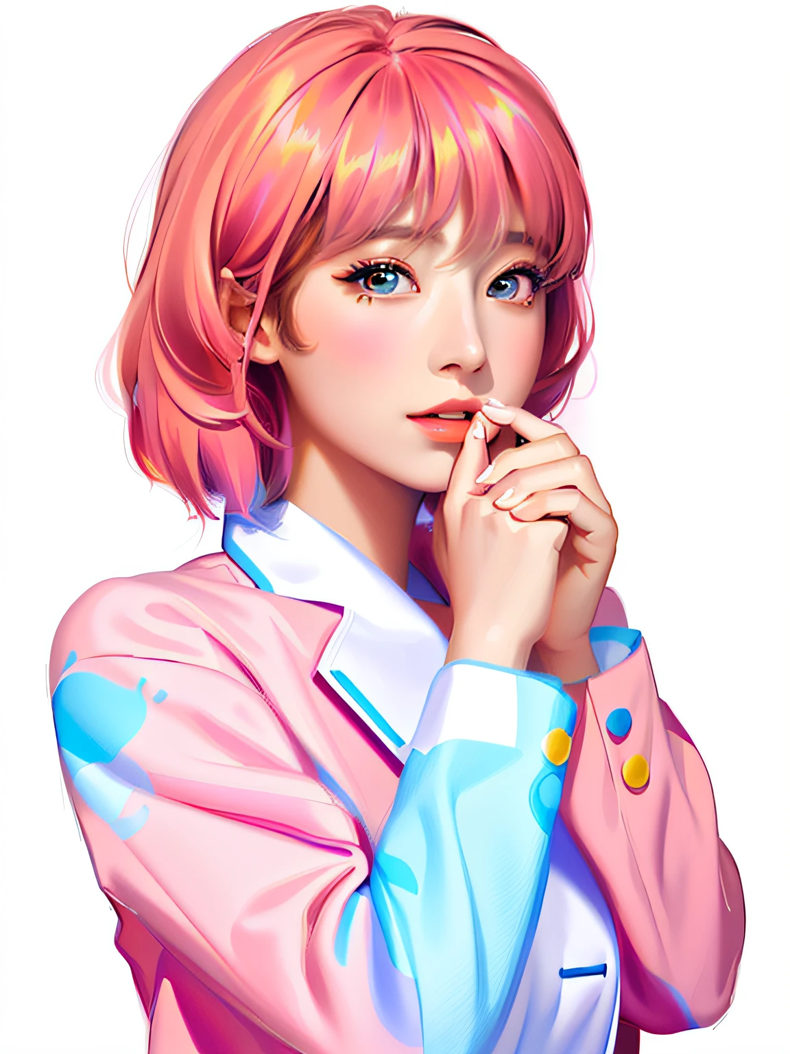 A painting of a woman with her hands on her chin, line art portrait, 🤤 girl portrait, girl sketch, Line sketch!!, traditional drawing style, perfect lineart, detailed portrait of an anime girl, Anime style portrait, clean lineart, Line sketch, beautiful drawing style, anime style drawing, portrait of anime woman, clean anime outlines, anime sketch, high quality sketch,Beautiful girl,good-looking face,The shirt