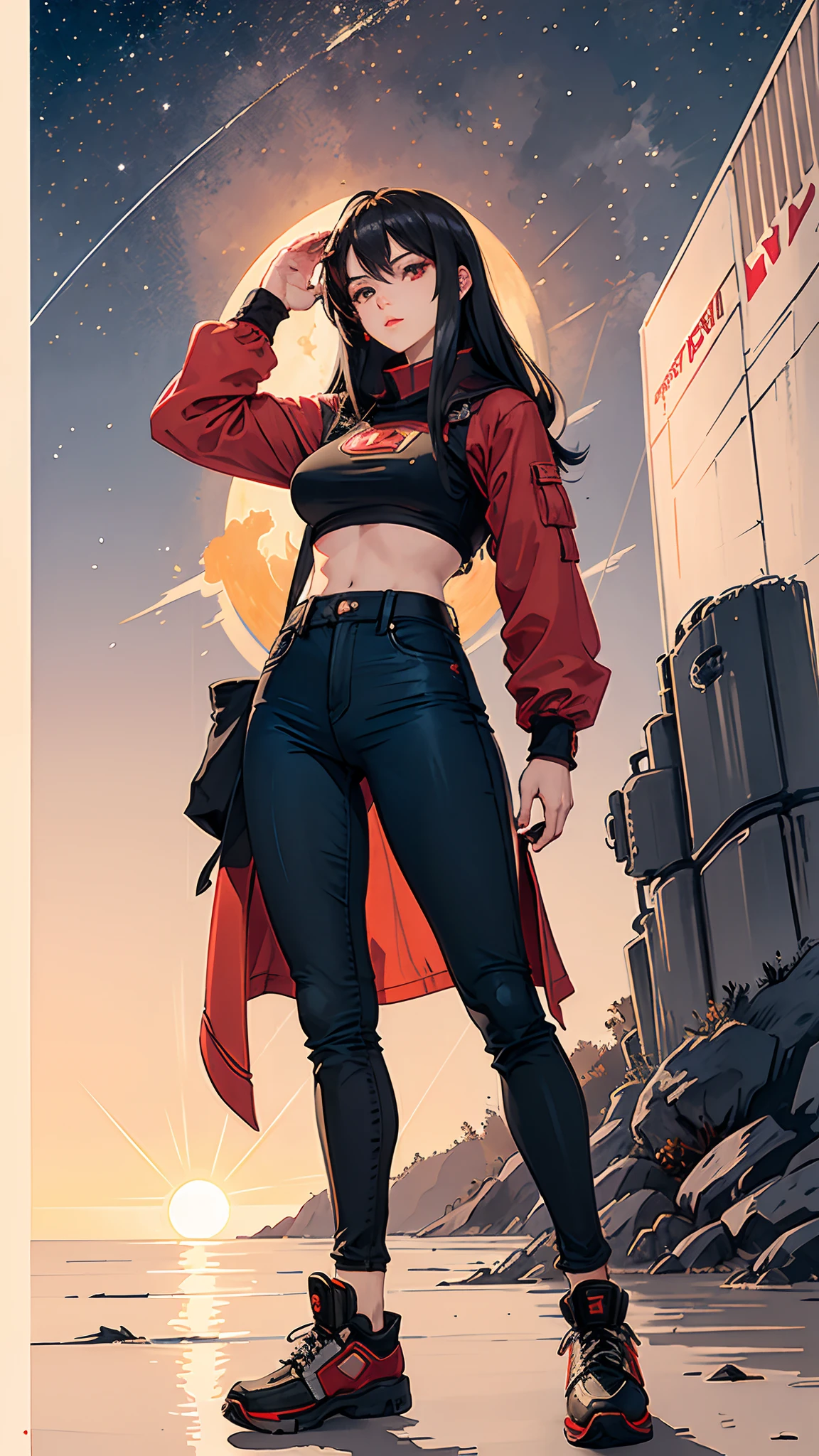 tmasterpiece,HighestQuali,1girll,huge tit,Long legs,Sexy mature,美丽细致的眼睛,shinny hair,visible through the hair,Hair between the eyes,Red monochrome,USSR Poster,urss,Communism,brunette color hair,red - eyed,Vampires,Space station in the upper right corner of the screen，The sun reflects light，Silver metal，red flags，luster，style of the USSR,diffused reflections,metalictexture,The vista is the blue earth,in mecha style,star ocean,high key,Homem-Imponente,The art of typography,skinny pants,Metal shoes