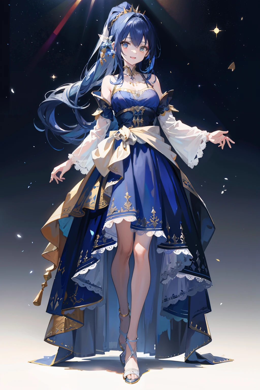 ((​masterpiece、top-quality、detaileds)), 4K ,8K ,Haigress, 1 girl in, darkblue hair, (long hair up to the waist), Golden Eyes, dress with many ruffles, Dark blue dress, beautiful foot、((full body Esbian))、(is standing) towns, buliding, borgar, florals, rays of sunshine, Daylight mottled, :D, [[[broken face]]], [[Bad face]], [[Fused fingers]]