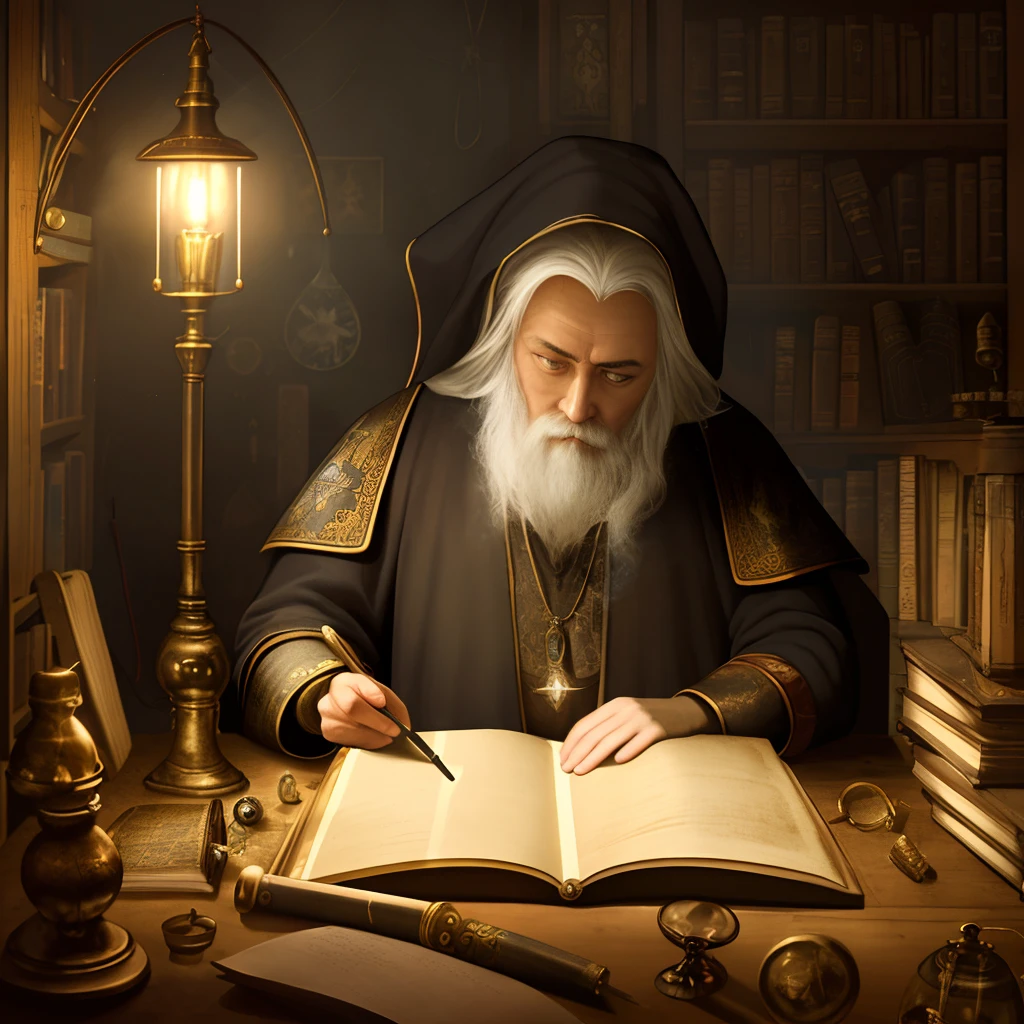 very old wizard, alchemy, looking at book, old medieval painting, smoke, lots of detail, cluttered room, lamp, dark room, detailed tunic, glowing pendant, high contrast light,