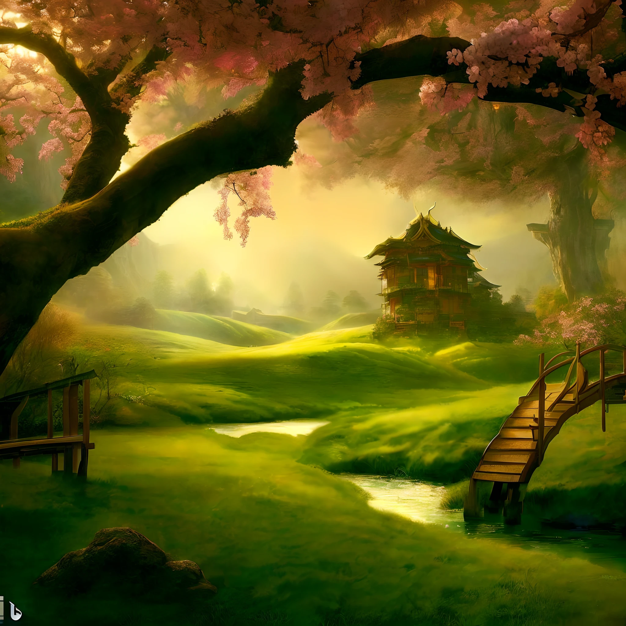Depict beautiful Asian landscapes with streams and pagodas, background artwork, arte de fundo, anime countryside landscape, landscape artwork, Anime background art, Anime landscape, scenery art detailed, G Liulian art style, peaceful landscape, anime landscape wallpapers, Anime landscape concept art, digital painting of a pagoda, painted as a game concept art, A beautiful artwork illustration