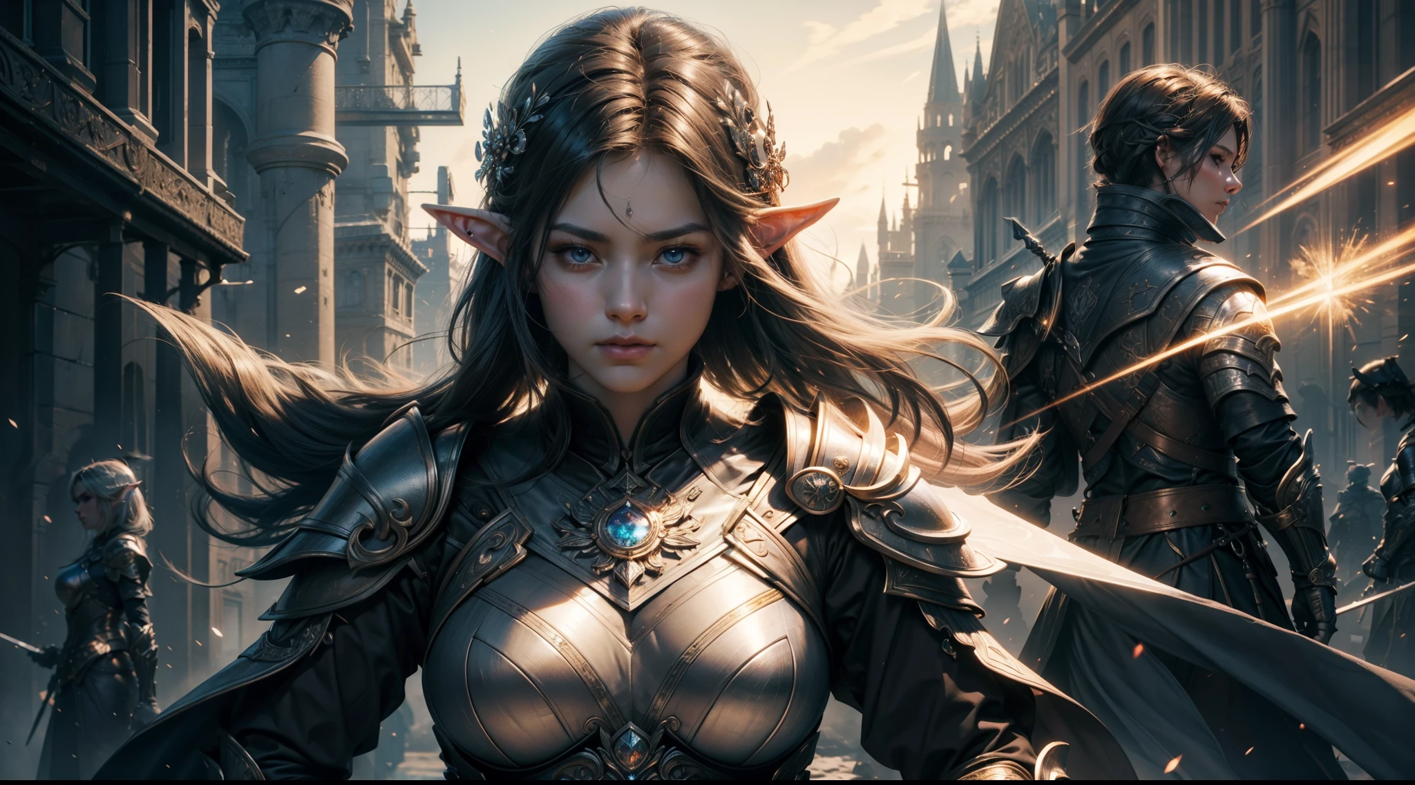 ((best qualtiy)), ((tmasterpiece)), ((Realistis)), (A detailed), (realisticlying:1.5),illusory engine, (High detail: 1.9),(femele:1.4),(big breasts beautiful: 1.4),(carismatic:1.3), (Large breasts), Female elf,beuaty girl,Exquisite armor,beauitful face, looking at viewert, dynamicposes, The background is the castle,hdr, Ray traching, NVIDIA RTX, Hyper-Resolution, Unreal 5, sub surface scattering, PBR textures, Post-processing, Anisotropic filtering, depth of fields, Maximum clarity and sharpness, trichotomy,8K original,(Luminous Particle:1.4),(VerydetailedCG,Unity 8k壁纸,cinmatic lighting,lens flare glow),Reflectors,Sharp focus,(((Glowing sword:1.8)))