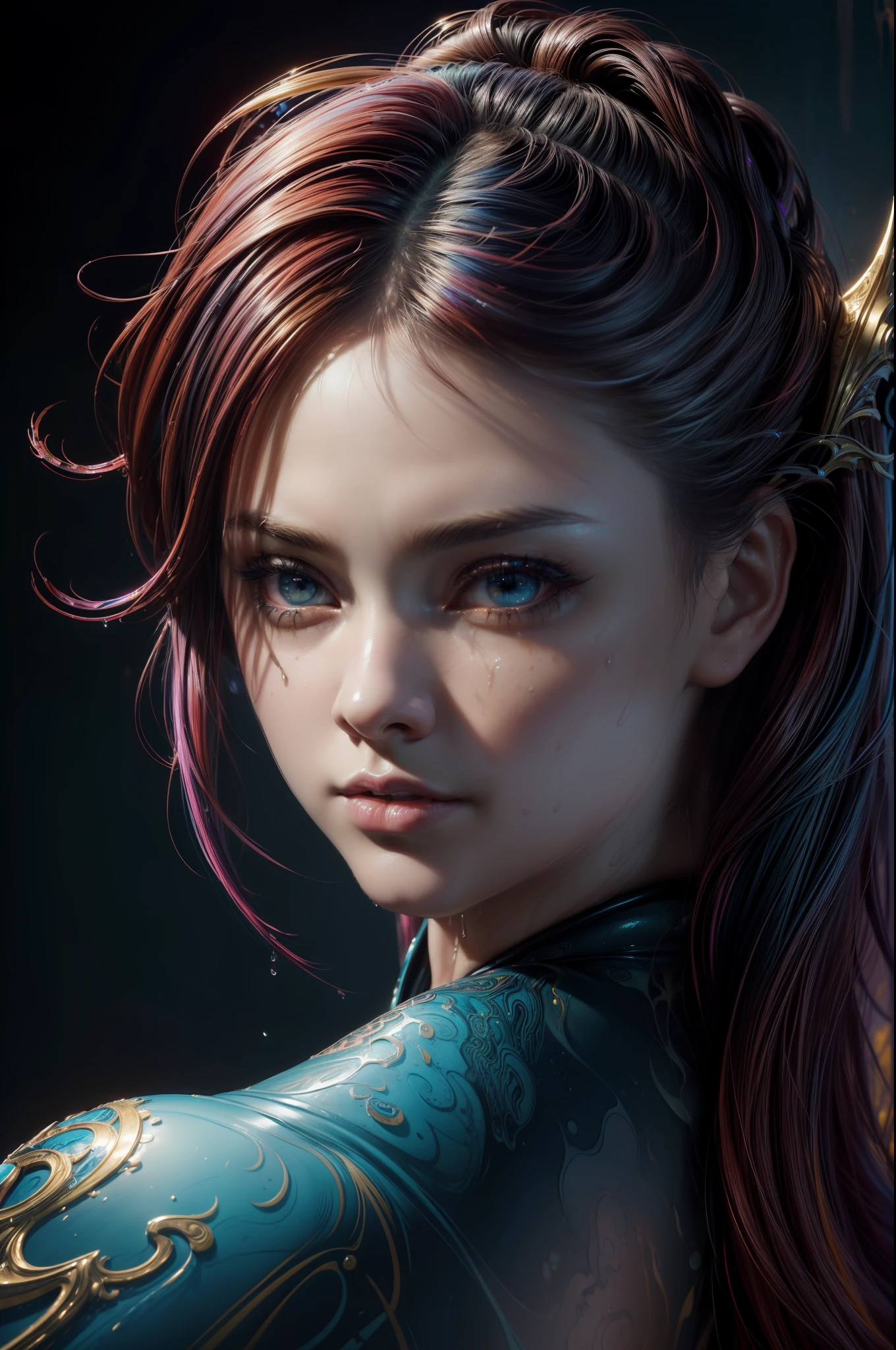 (masterpiece), (best quality), (ultra-detailed), (masterpiece:1.2), (best quality), (ultra-detailed. Maximalist Rococo. Astral escape. Splash art, Latina portrait, indigo red haired Latina, StarCraft inspired, epic, art station, colorful painting splash style, facing the camera head on, contour, intricately detailed hyperdetailed, fantasy, unreal engine, fantastic, intricately detailed, splash screen, complementary colors, fantasy concept art, 16k resolution, DeviantArt masterpiece, oil painting, thick brush strokes, dripping paint, splash arts, neon environment, muted colors, watercolor style, detailed filigree, edge lighting, magic, surreal, surreal, fantasy, ultra, realistic, sharp features, highly detailed, sharp focus, muted colors, perfect face, perfect face, perfect symmetrically perfect eyes,perfect hazel irises, perfect full lips, flexible female form, vivid, cinematic, film light, hyper detailed, hyper realistic, masterpiece, atmospheric, high resolution, vibrant, dynamic studio lighting, blow, Glenn Brown, Carne Griffiths, Alex Ross, artgerm and james jean. focus, tilt-shift camera.