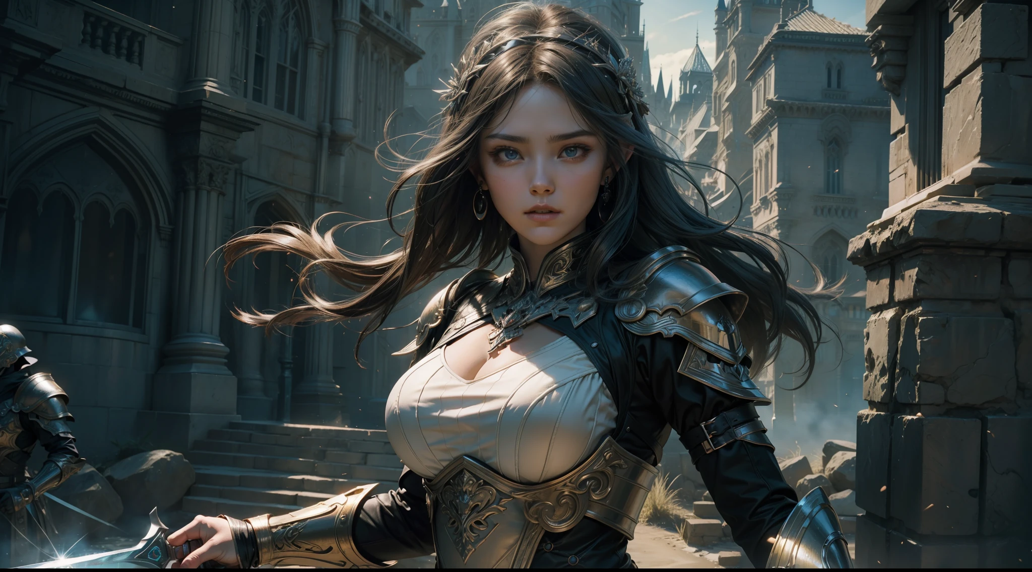 ((best qualtiy)), ((tmasterpiece)), ((Realistis)), (A detailed), (realisticlying:1.5),illusory engine, (High detail: 1.9),(femele:1.4),(big breasts beautiful: 1.4),(carismatic:1.3), (Large breasts), Female elf,beuaty girl,Exquisite armor,beauitful face, looking at viewert, dynamicposes, The background is the castle,hdr, Ray traching, NVIDIA RTX, Hyper-Resolution, Unreal 5, sub surface scattering, PBR textures, Post-processing, Anisotropic filtering, depth of fields, Maximum clarity and sharpness, trichotomy,8K original,(Luminous Particle:1.4),(VerydetailedCG,Unity 8k壁纸,cinmatic lighting,lens flare glow),Reflectors,Sharp focus,(((Glowing sword:1.8)))
